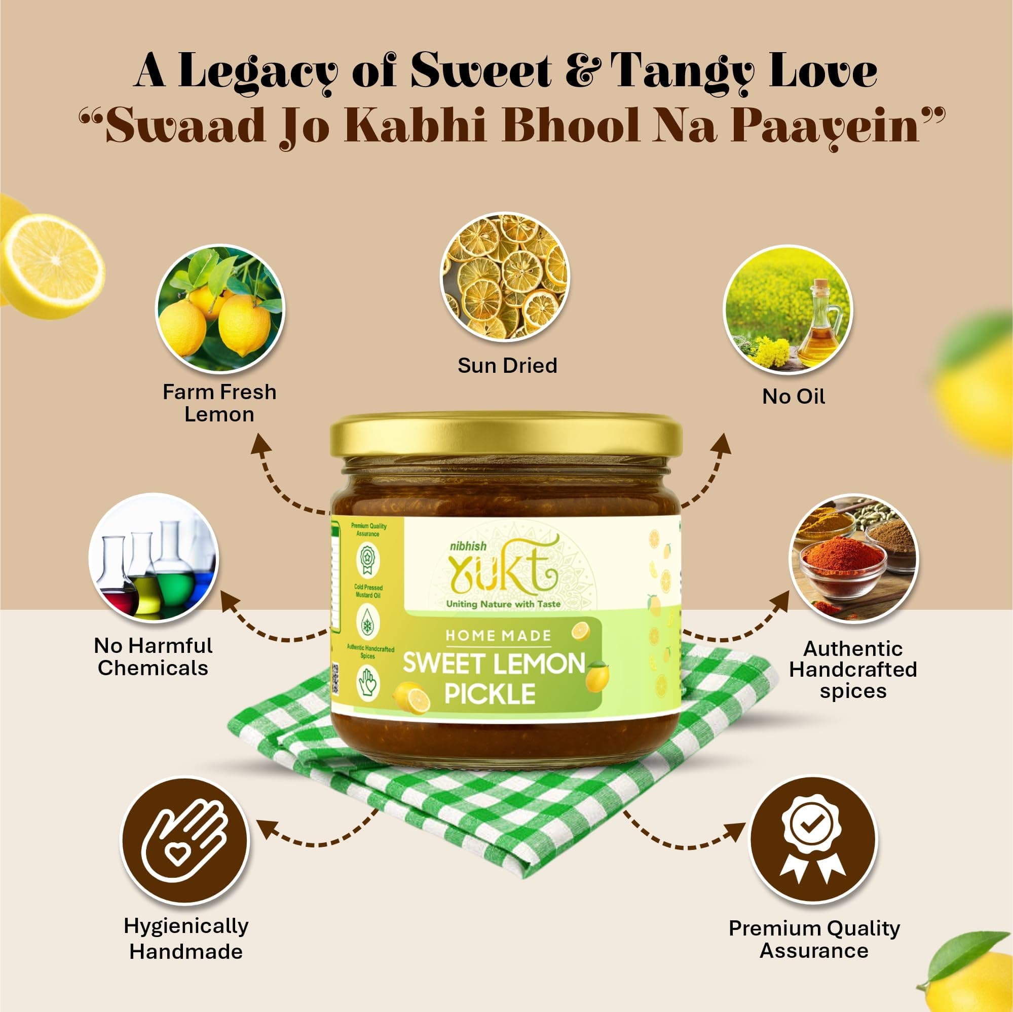NIBHISH Yukt pickle Khatta Meetha Sweet Lemon Pickle | Sweet & Tangy Homemade Delight | Oil-Free, No Onion or Garlic | Traditional Chunda-Style Nimbu Ka Achaar with Grandma's Authentic Taste | Handmade Using Organic Preparation Methods | 100% Natural & Pure | Glass Jar — image 6