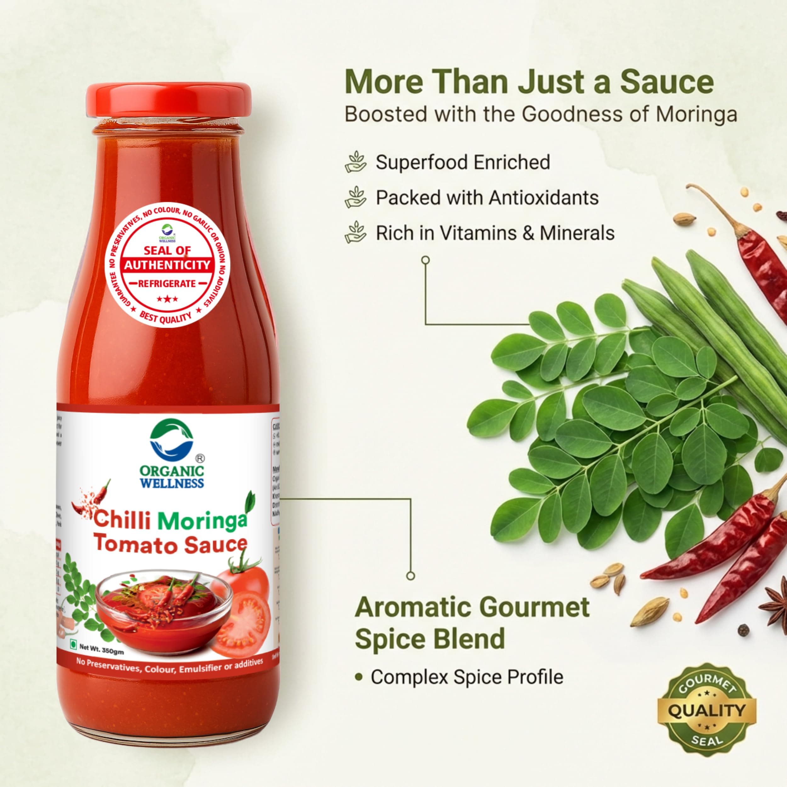 Organic Wellness Moringa Tomato Red Chilli Sauce Bottle I No Added Preservatives Or Colors | All Natural Ingredients | No Onion & Garlic |100% Veg & Fresh Tomatoes Used (350 Gram - Pack Of 1) — image 5