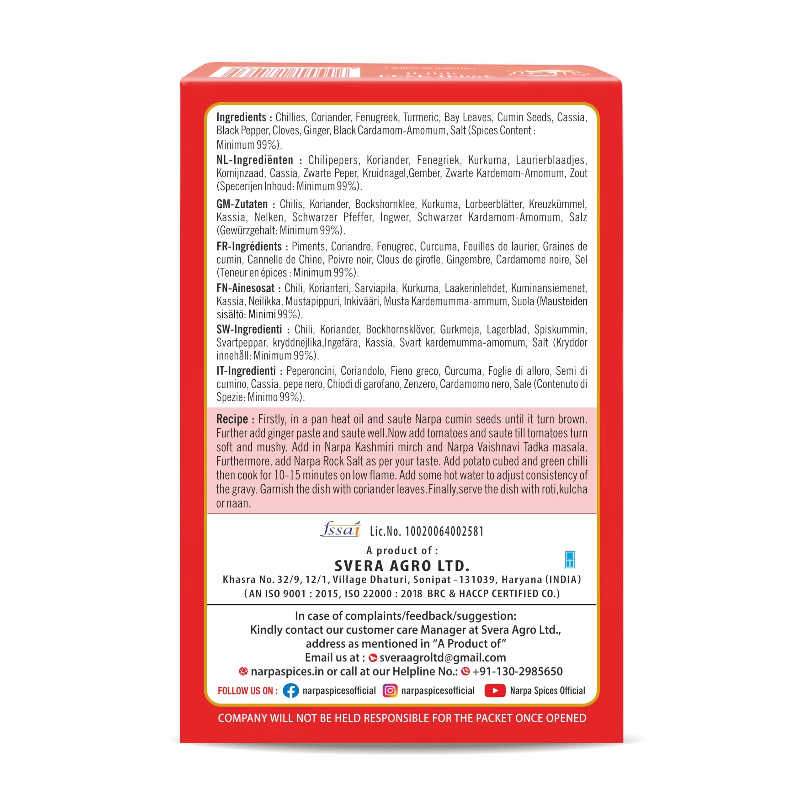 Narpa Vaishnavi Tadka Masala 100g | No Onion No Garlic | Pure Satvik Masala for Indian Cooking, Pack of 2 — image 3