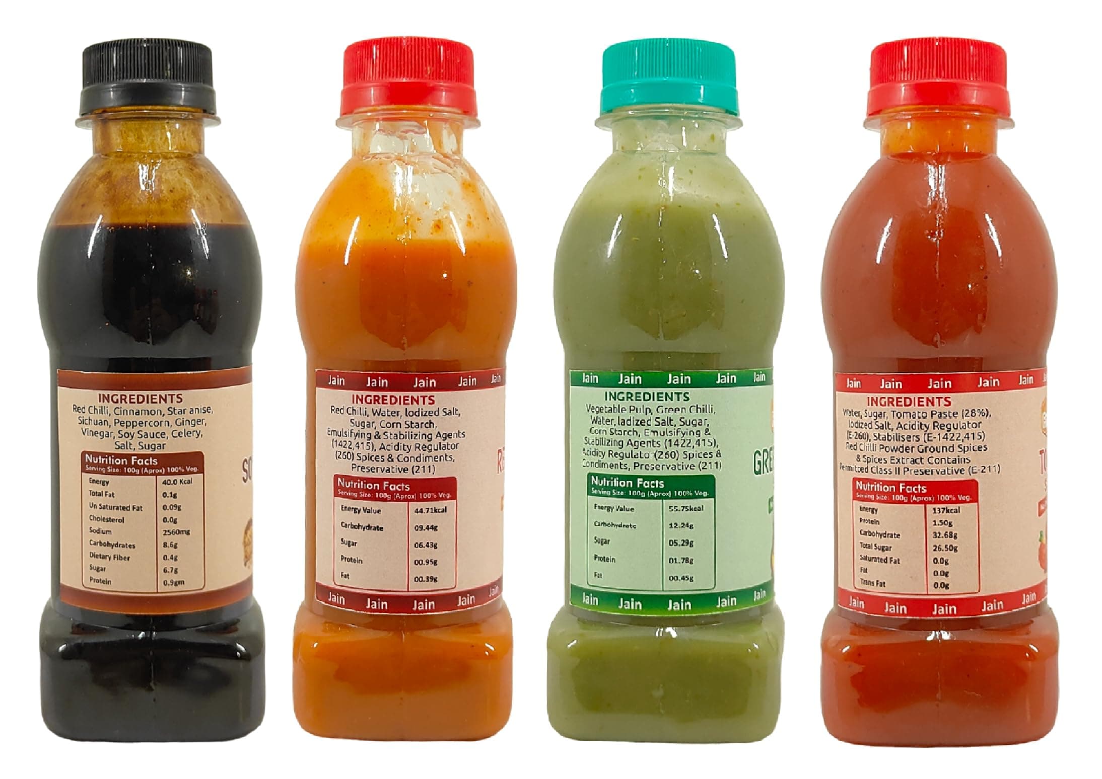 Fruvanta Jain Combo Without Onion/garlic/Potato Soya Sauce (200gm), Tomato Sauce (200gm), Green Chilli Sauce (200gm), Red Chilli Sauce (200gm) (Pack of 4) — image 2