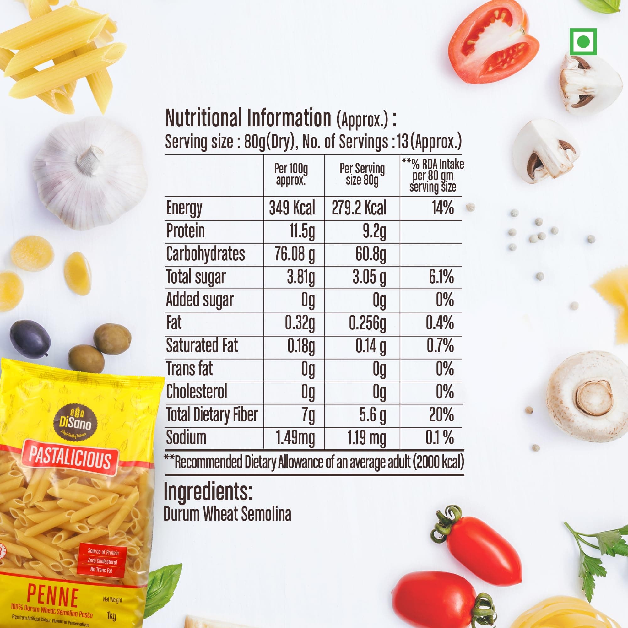 DiSano Penne Pasta 1kg, Healthy Pasta, Made with 100% Durum Wheat Semolina, 100% Suji, No Maida, Source of Protein & Fibre, Non-Sticky — image 2