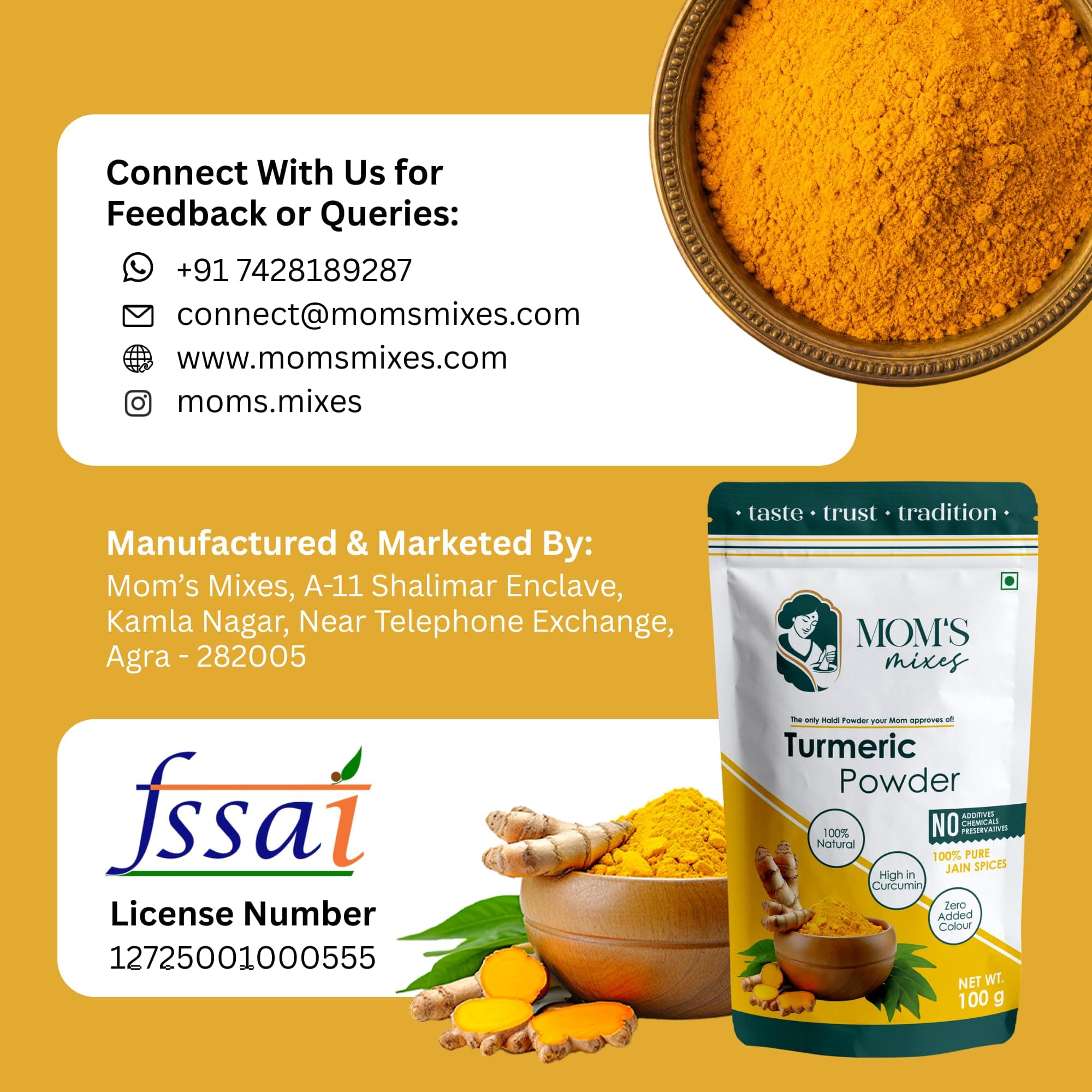 Mom’s Mixes Turmeric Powder (Haldi) | High Curcumin | Pure & Natural | No Preservatives | No Onion No Garlic (Jain Friendly) | Meghalaya Haldi | 100g — image 11