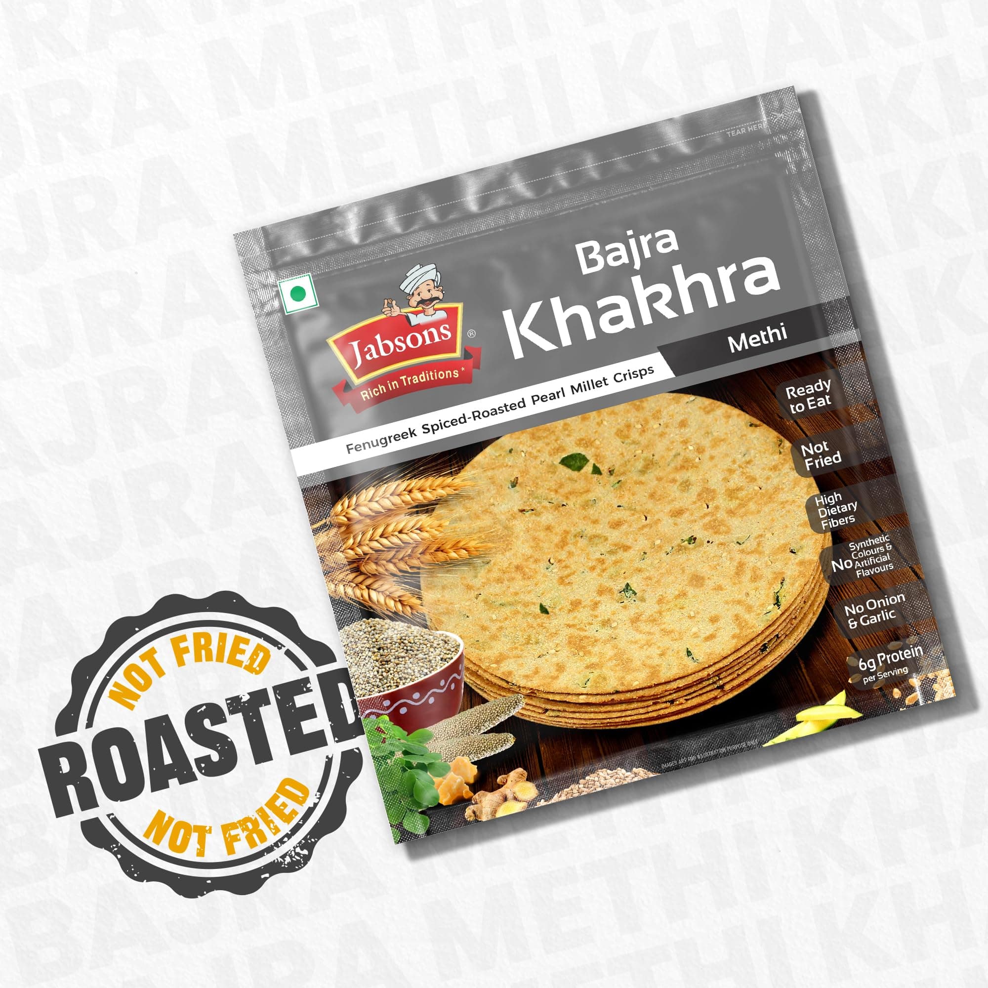 Jabsons Roasted Bajra Methi Khakhra,180 gm | No Onion No Garlic| Ready To Eat Vacuum Sealed | Crispy Bajra Methi Flatbread | Healthy Indian Tea Time Snack | Diet-Friendly Gujarati Khakhra — image 4