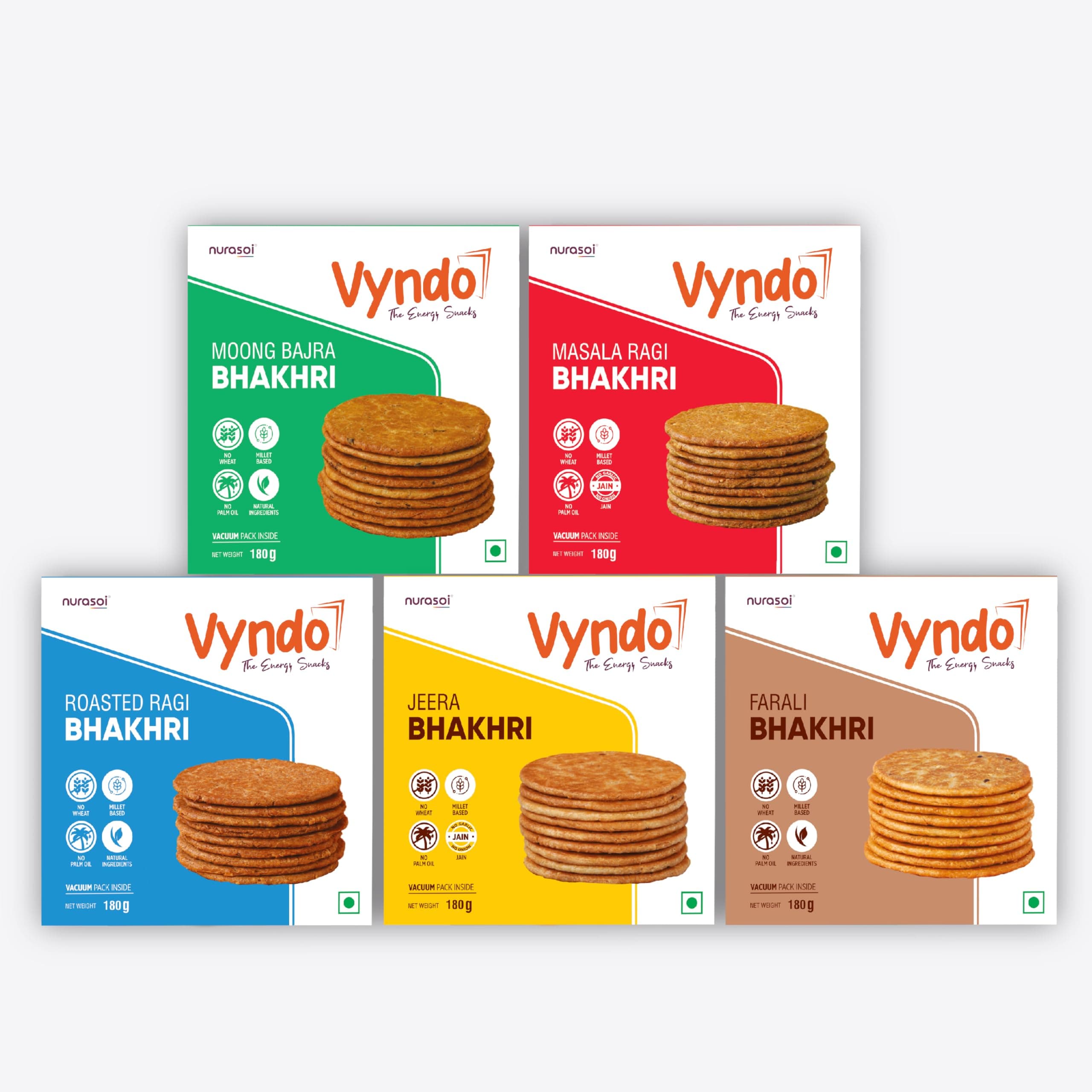 Vyndo All Bhakhri Combo – Pack of 5 (180g Each) | Millet Snacks, Gluten-Free, Healthy Energy Snack for Kids & Adults | Moong Bajra, Masala Ragi, Roasted Ragi, Farali, Jeera — image 2