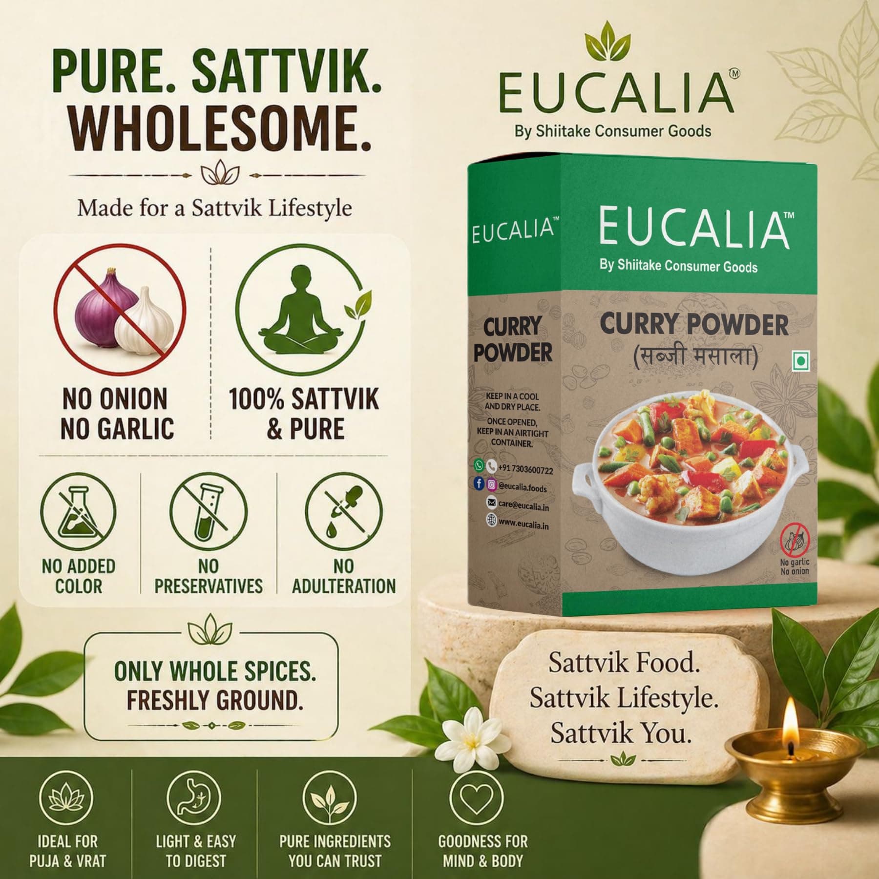 EUCALIA Sattvik (No Onion - No Garlic) Curry Powder (Sabji Masala) Pack of 3 (100g) | Bold & Aromatic Spice Blend | Vibrant Colour | No Added Colours or Preservatives | Perfect for Vegetarian Dishes & Everyday Cooking | Sattvik No Onion No Garlic (NONG) | Total 300g — image 6