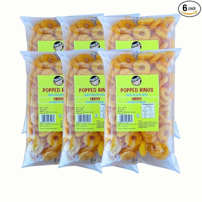 Snack First Popped Rings Cheese, Pack of 6, No Onion No Garlic, Jain, Puffed Snack, Corn Ring, Healthy Snack, Each 80g