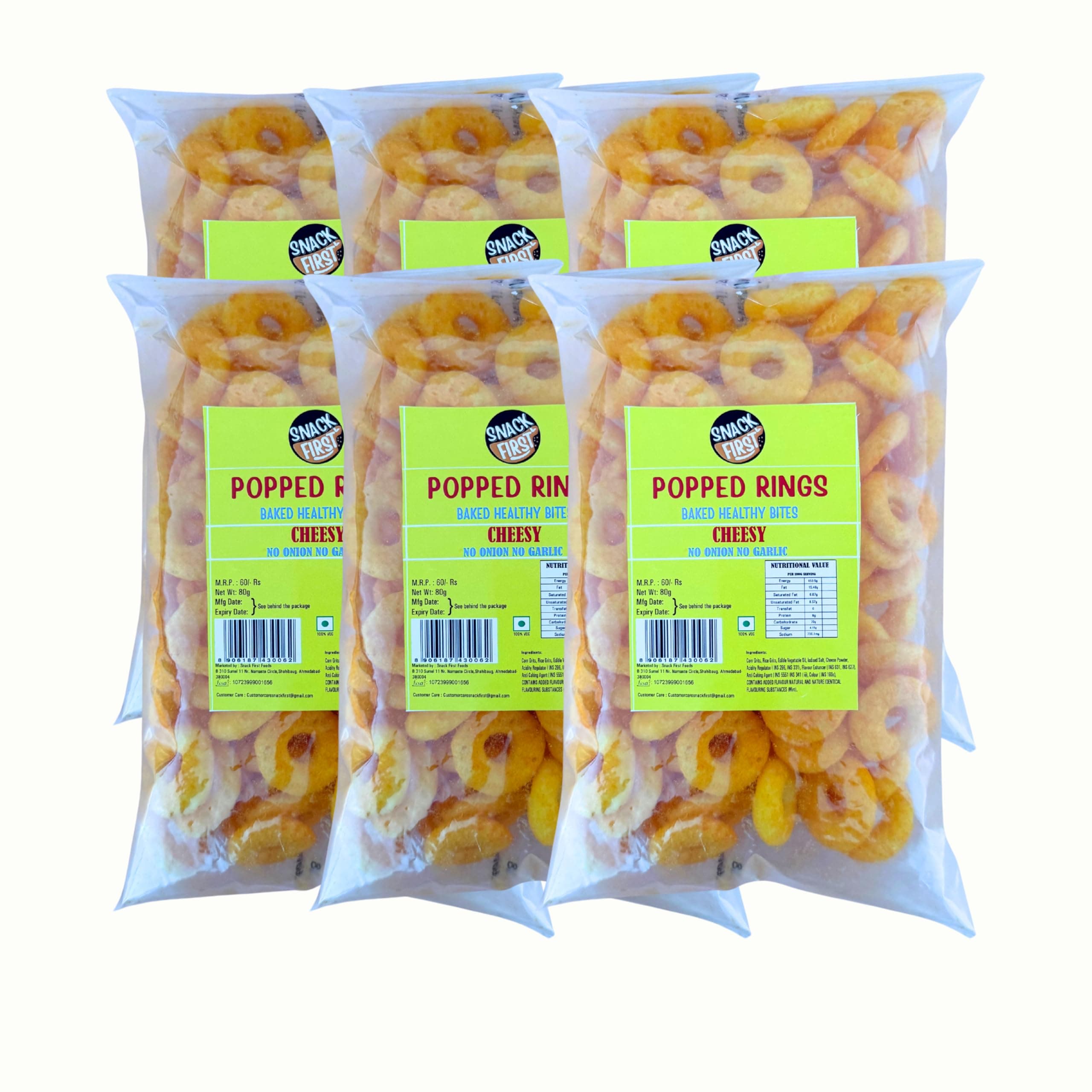 Snack First Popped Rings Cheese, Pack of 6, No Onion No Garlic, Jain, Puffed Snack, Corn Ring, Healthy Snack, Each 80g — image 2