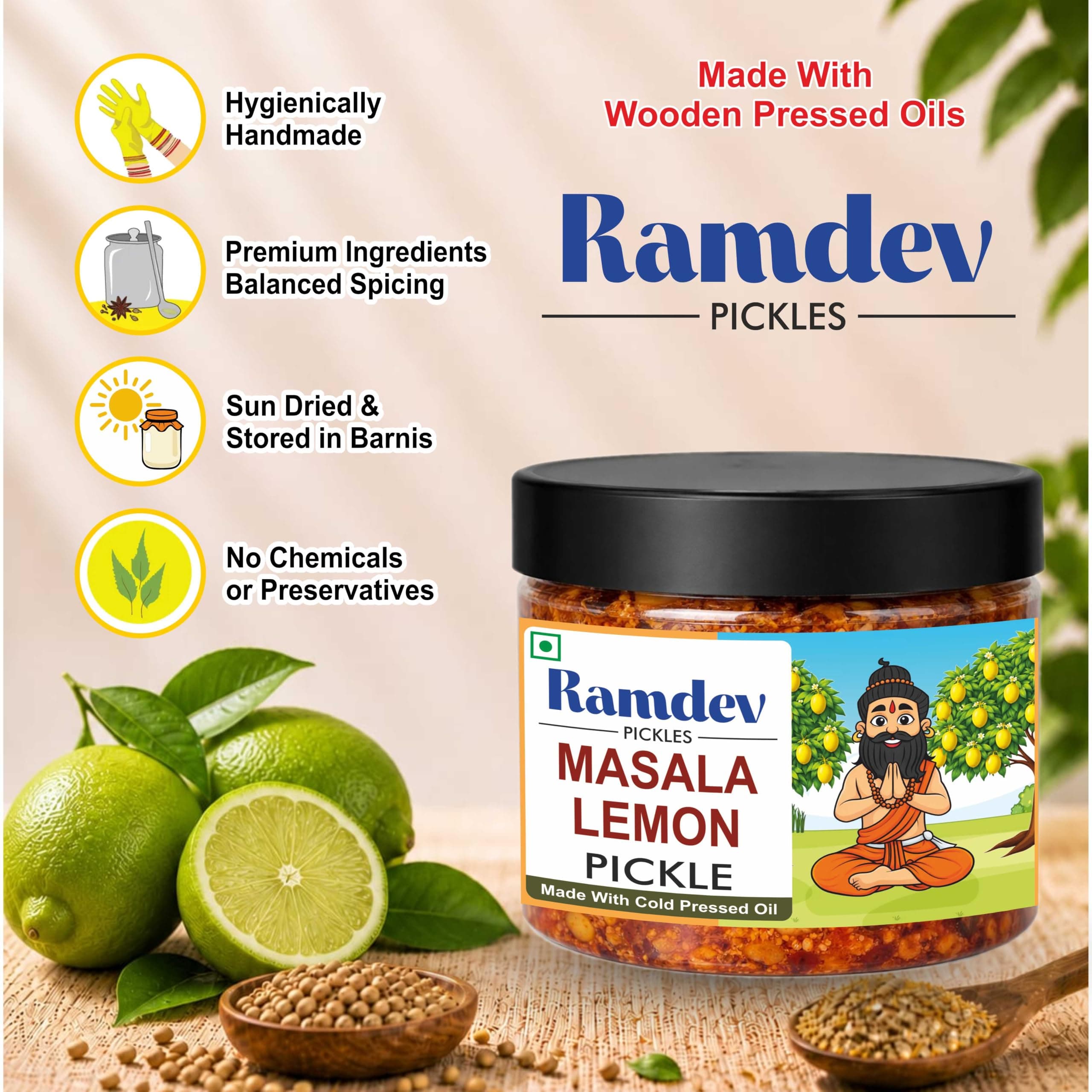 Ramdev Masala Lemon Pickle 350g Organic | Indian Homemade Nimbu ka Achar with No Onion & Garlic | Masala & Sour Oil-Free Pickle | Traditional Grandma-Style Recipe | Organically Processed — image 3