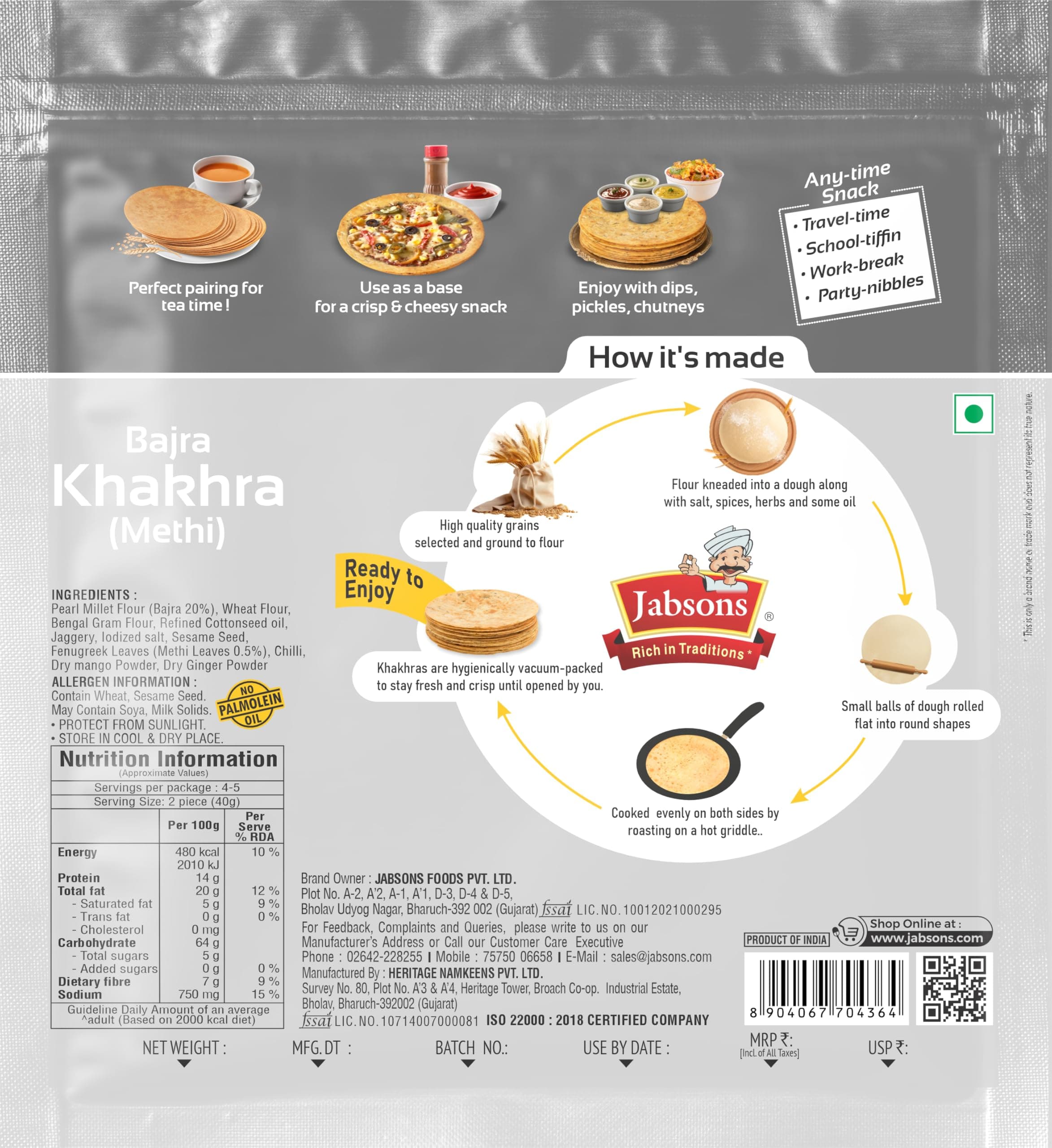 Jabsons Roasted Bajra Methi Khakhra,180 gm | No Onion No Garlic| Ready To Eat Vacuum Sealed | Crispy Bajra Methi Flatbread | Healthy Indian Tea Time Snack | Diet-Friendly Gujarati Khakhra — image 2