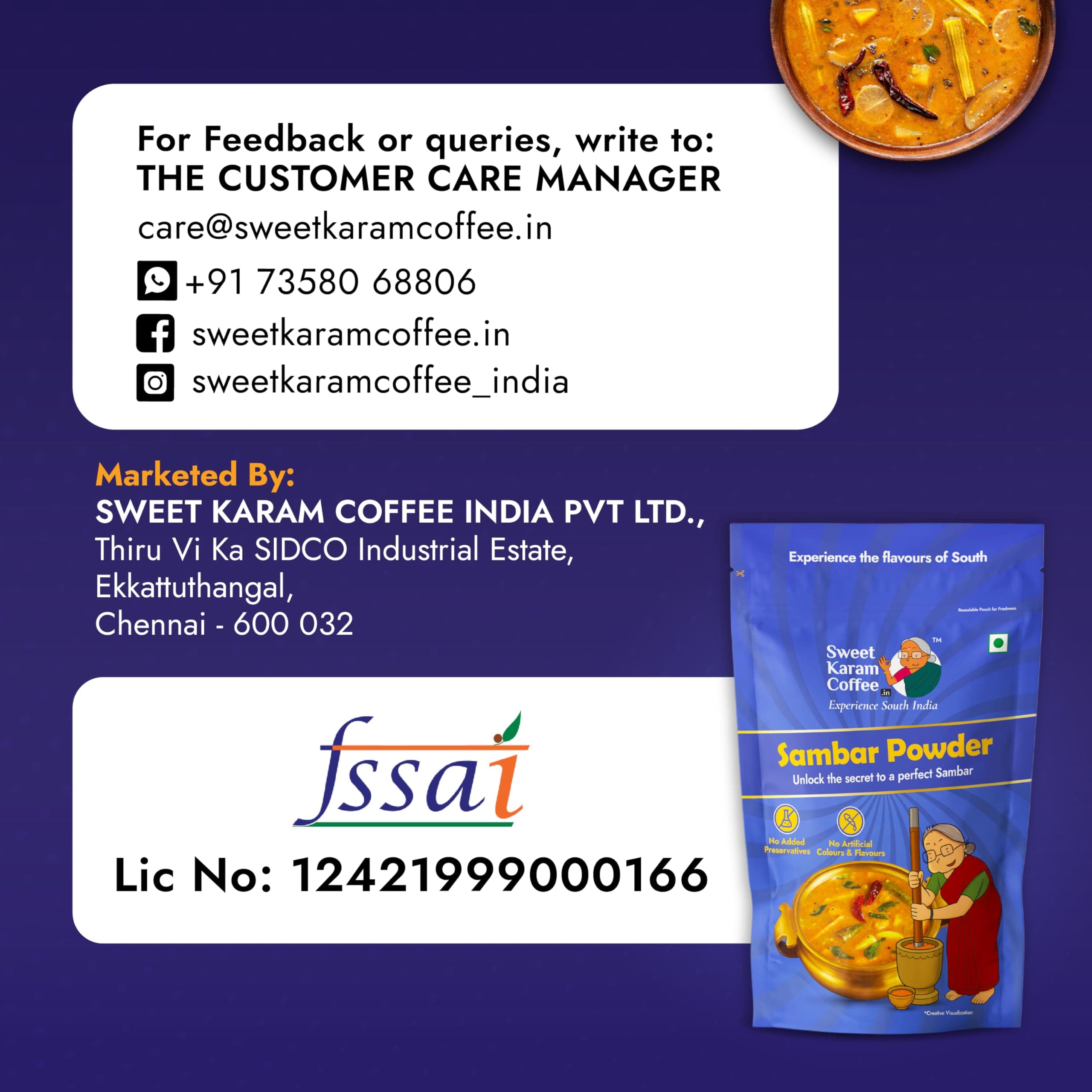 Sweet Karam Coffee Sambar Powder (Podi) – 180 grams | No Onion or Garlic | Authentic Homemade South Indian Masala | 100% Natural & Organic Ingredients | Aromatic, Healthy & Flavorful Spice Blend — image 8