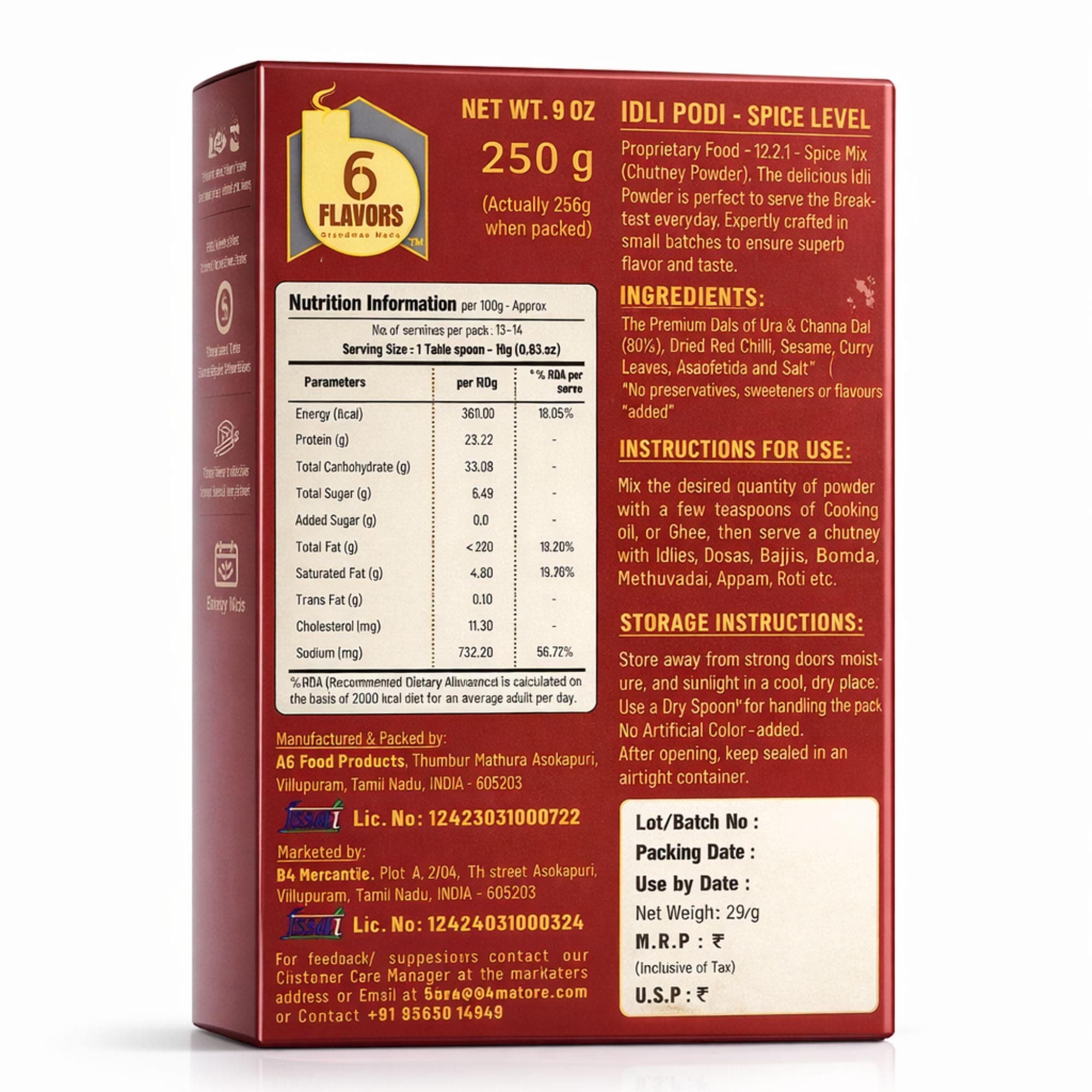 6Flavors Idli Podi Powder 250g | Chutney Powder | Podi Masala South Indian | Gunpowder Podi for Idli, Dosa & Rice | No Onion No Garlic | No Preservatives | Flavor: (Spicy & Hot) — image 2