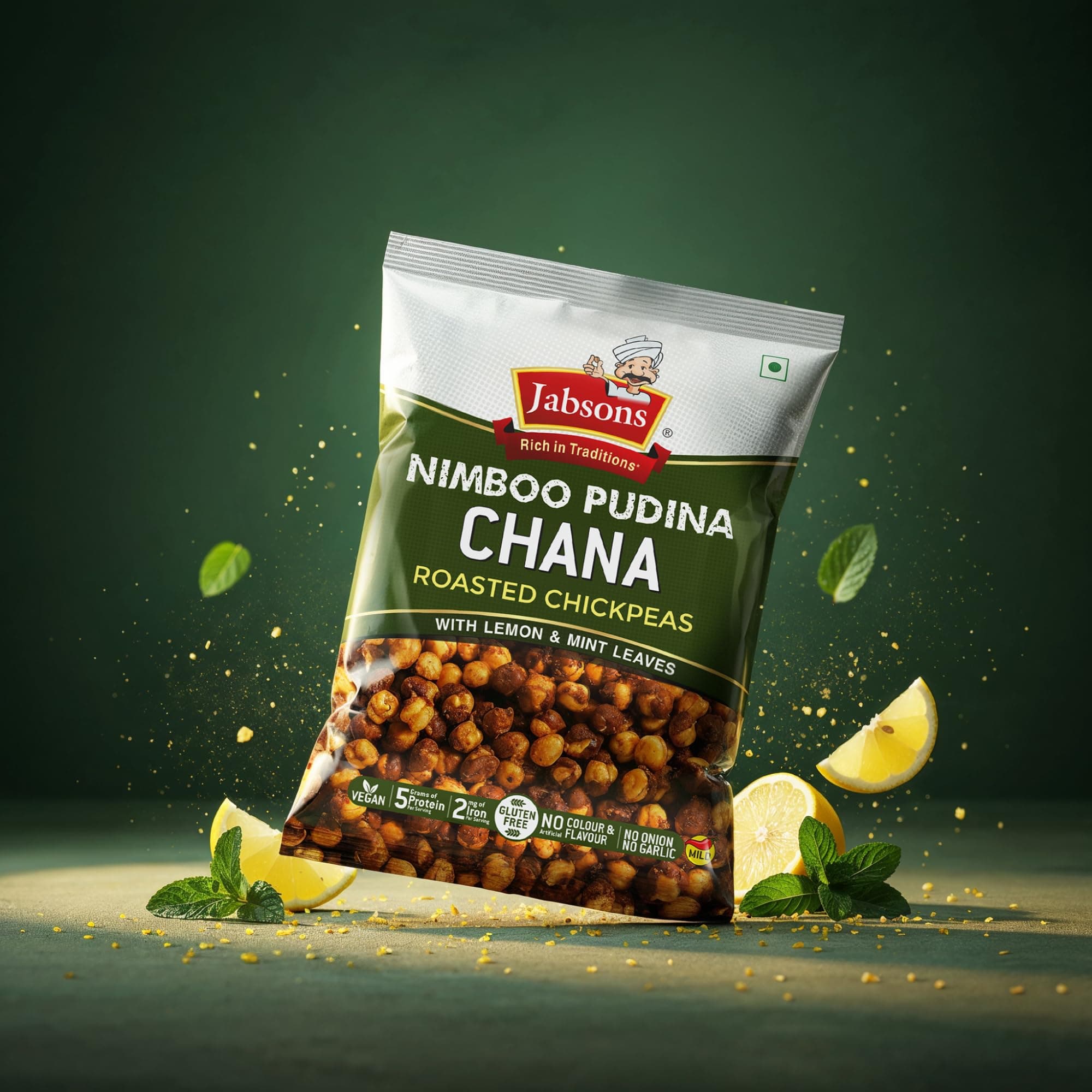 Jabsons Roasted Chana Nimboo Pudina Flavour - 150gm With No Onion & Garlic | Desi Roasted Namkeen Snacks| Gluten-Free Crunchy Protein Snack | Nimbu Pudina Bhuna Chana - Ready to Eat — image 6