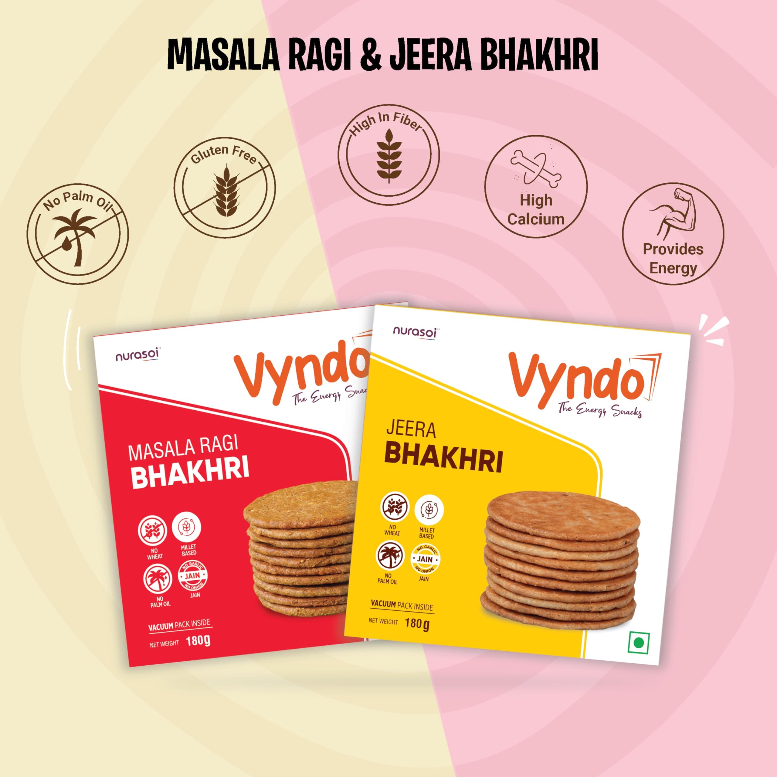 Vyndo Jain Bhakhri Combo - (Jeera Pack of 2 + Masala Pack of 2) No Garlic, No Onion, Protein-Rich Millet Snack, Gluten-Free, Wheat-Free, No Palm Oil | Healthy Ready-to-Eat Energy Crisps for Adults & Kids. — image 3