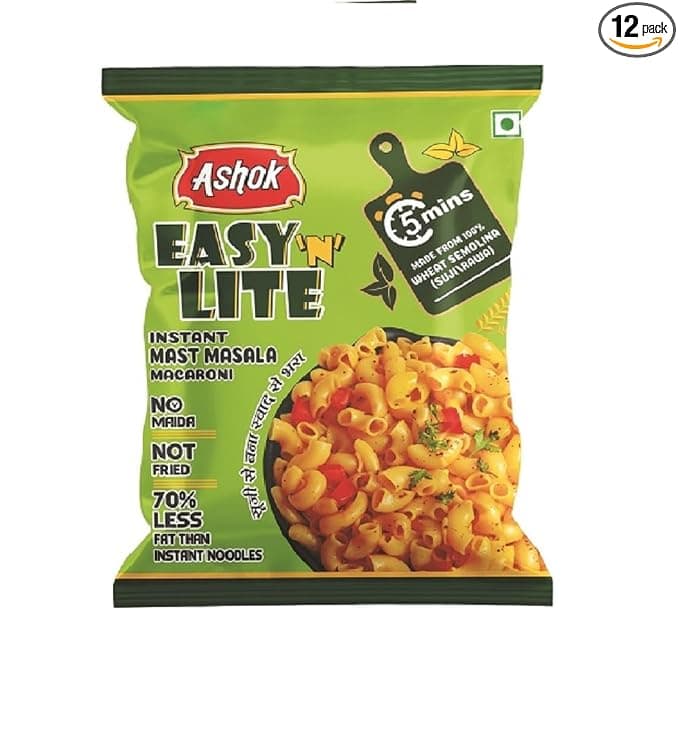ASHOK EASY'n LITE Mast/Magic Masala Instant Macaroni 55g,Not Fried,0% Cholesterol,100% Suji/Rawa,Vegan Friendly (Pack Of 12, Instant Macaroni Mast Masala)