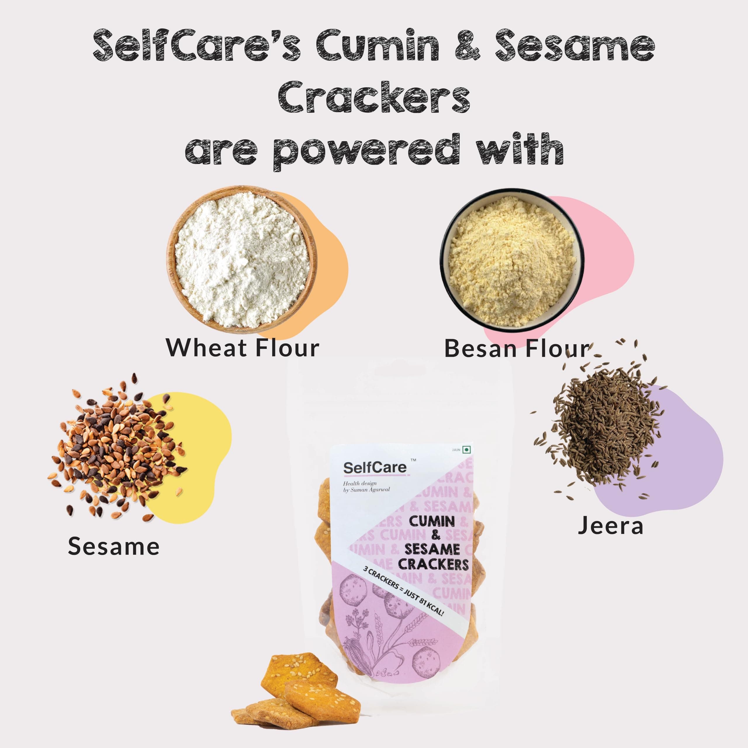 SelfCare By Suman Agarwal Cumin & Sesame Crackers Pack of 1 125g | Baked - Healthy - Vegan | Snacks - Namkeen - Grocery | Spicy Crunchy & Chatpata - Tea time Snacking | Jain & Travel Friendly — image 2