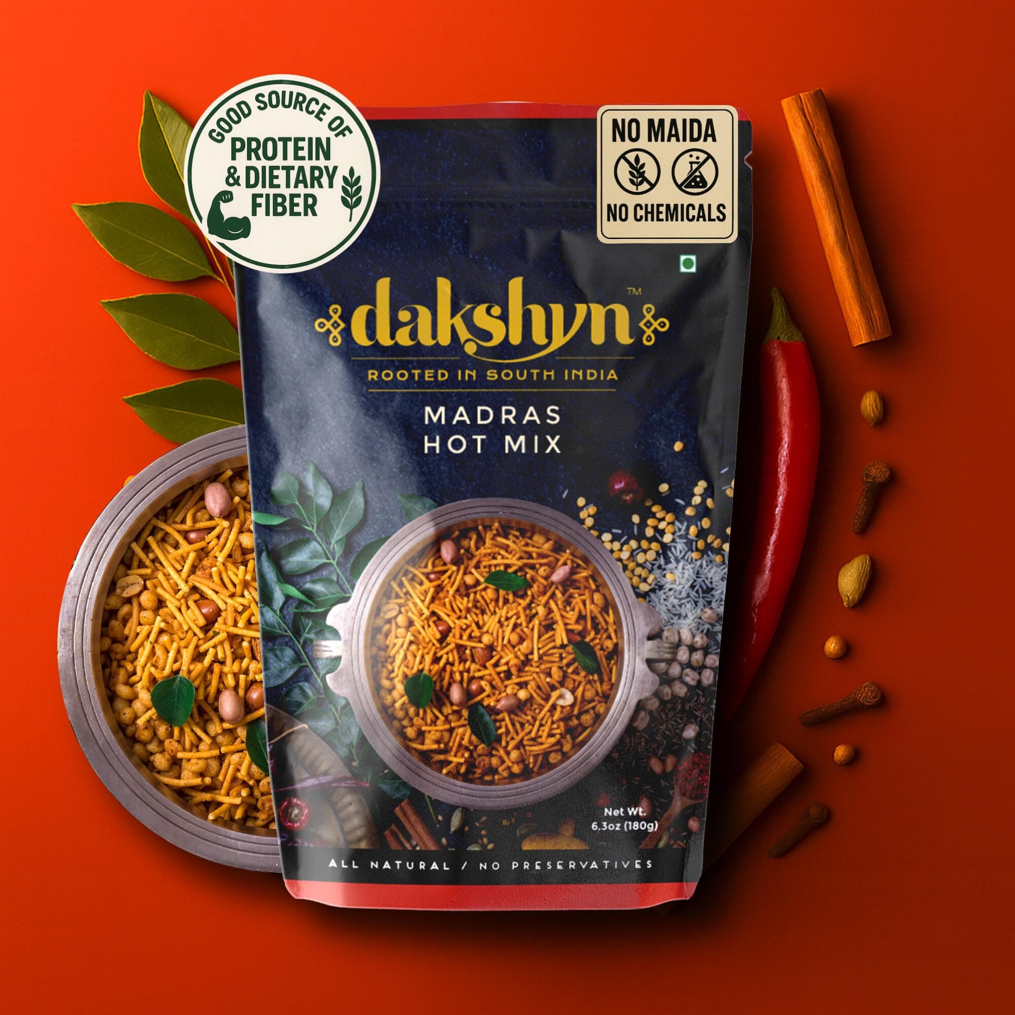Dakshyn Madras Hot Mix Farsan Snacks Namkeen (250g x Pack of 2) | Jain Snacks No Onion No Garlic | South Indian Spicy Mixture | High in Protein | No Palm Oil | Vegan & Gluten Free — image 8