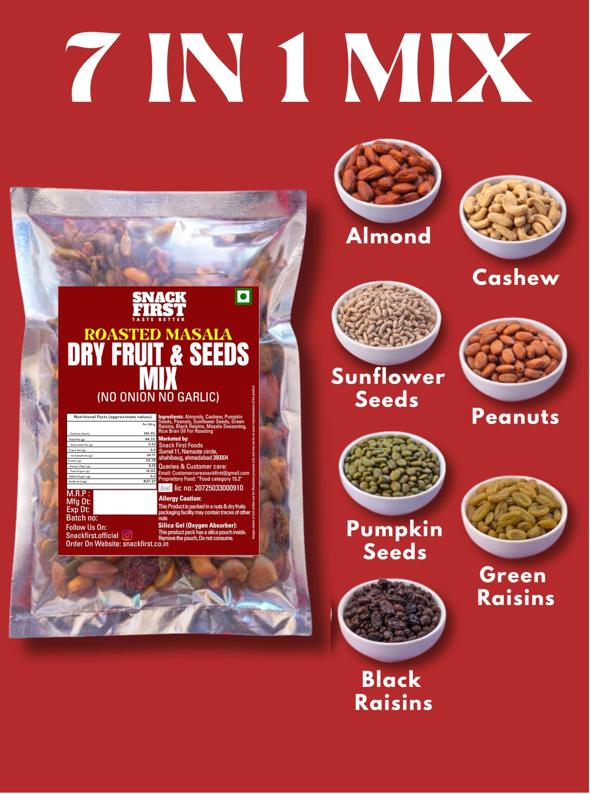 Snack First Roasted Masala Dry Fruit & Seeds Mix | No Onion No Garlic | No Palm Oil | 100G | masala dryfruit mixture | mixed dry Fruit & seeds | Almonds | Black Raisins | Cashewnuts | Pumpkin Seed | Sunflower Seed |Peanuts | Green Raisins | 7 In 1 Super Foods | Vitamin E | High protein | Healthy Snack, Gym Snack | — image 3