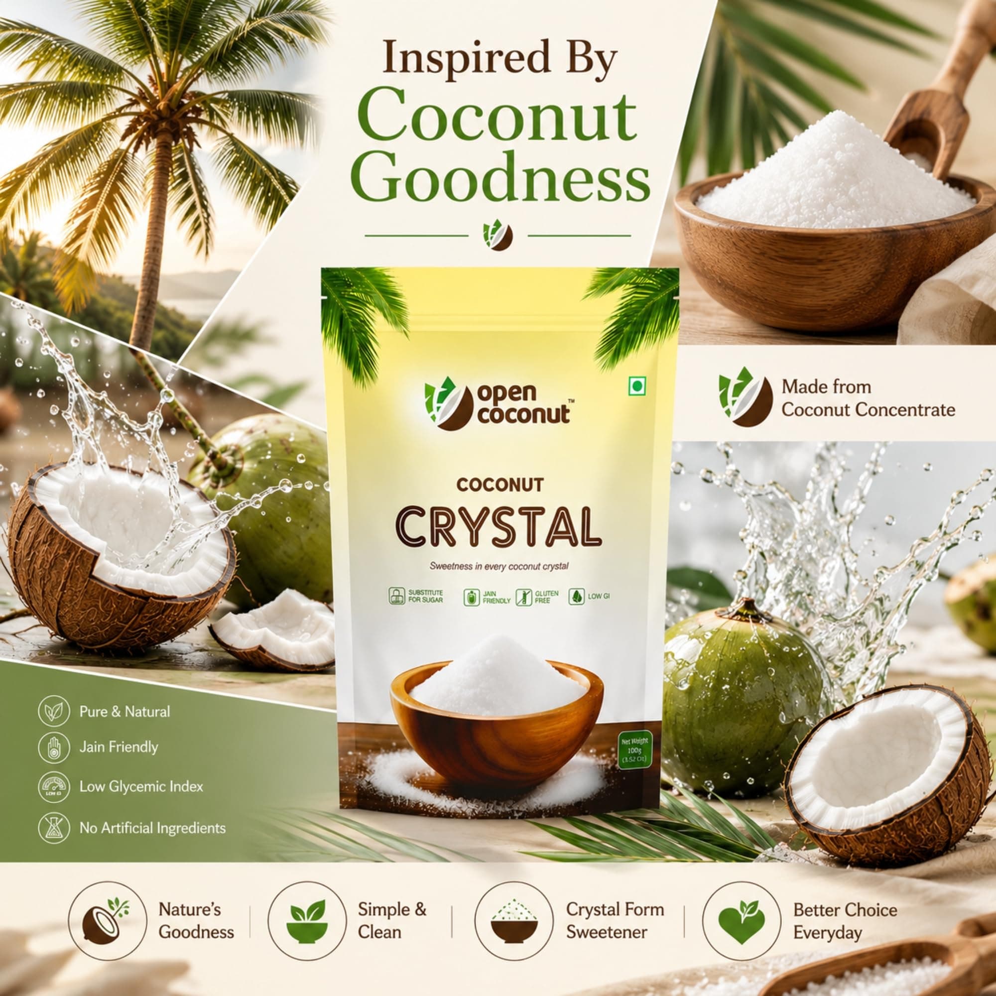 Open Coconut CRYSTAL 100g x 1 Pack - Jain Friendly | Natural Sugar Sweetener Substitute | Low Glycemic Index | Gluten, Sugar, Preservative Guilt Free | Perfect for Cake, Baking, Hot Chocolate, Milkshakes & More — image 6