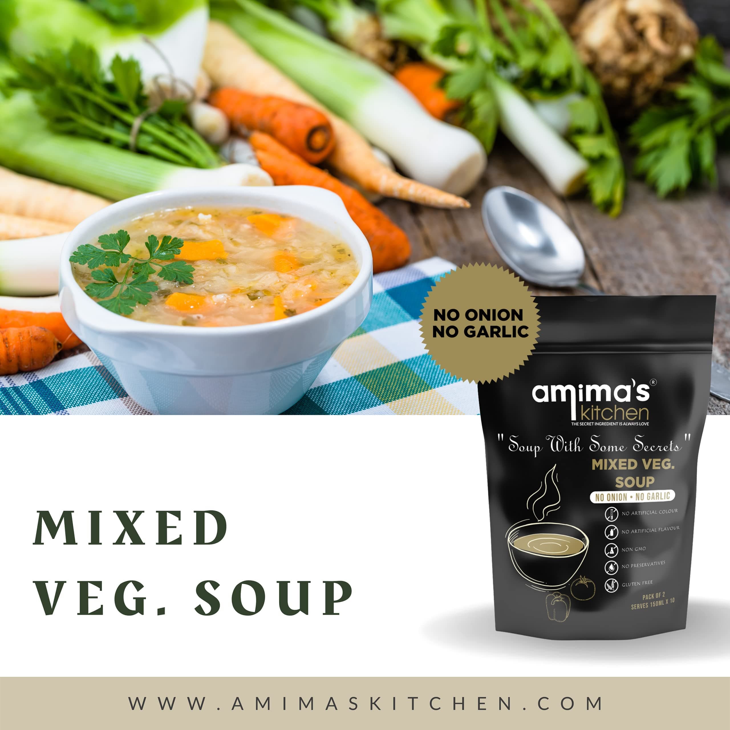 Amima's Kitchen Mixed Veg. Jain Soup (No Onion No Garlic) - 100 Grams [Serves 10] | Instant Soup Mix Powder | Ready To Cook | No Artificial Flavour & Colour | Gluten Free | Non GMO | Healthy Soup — image 4