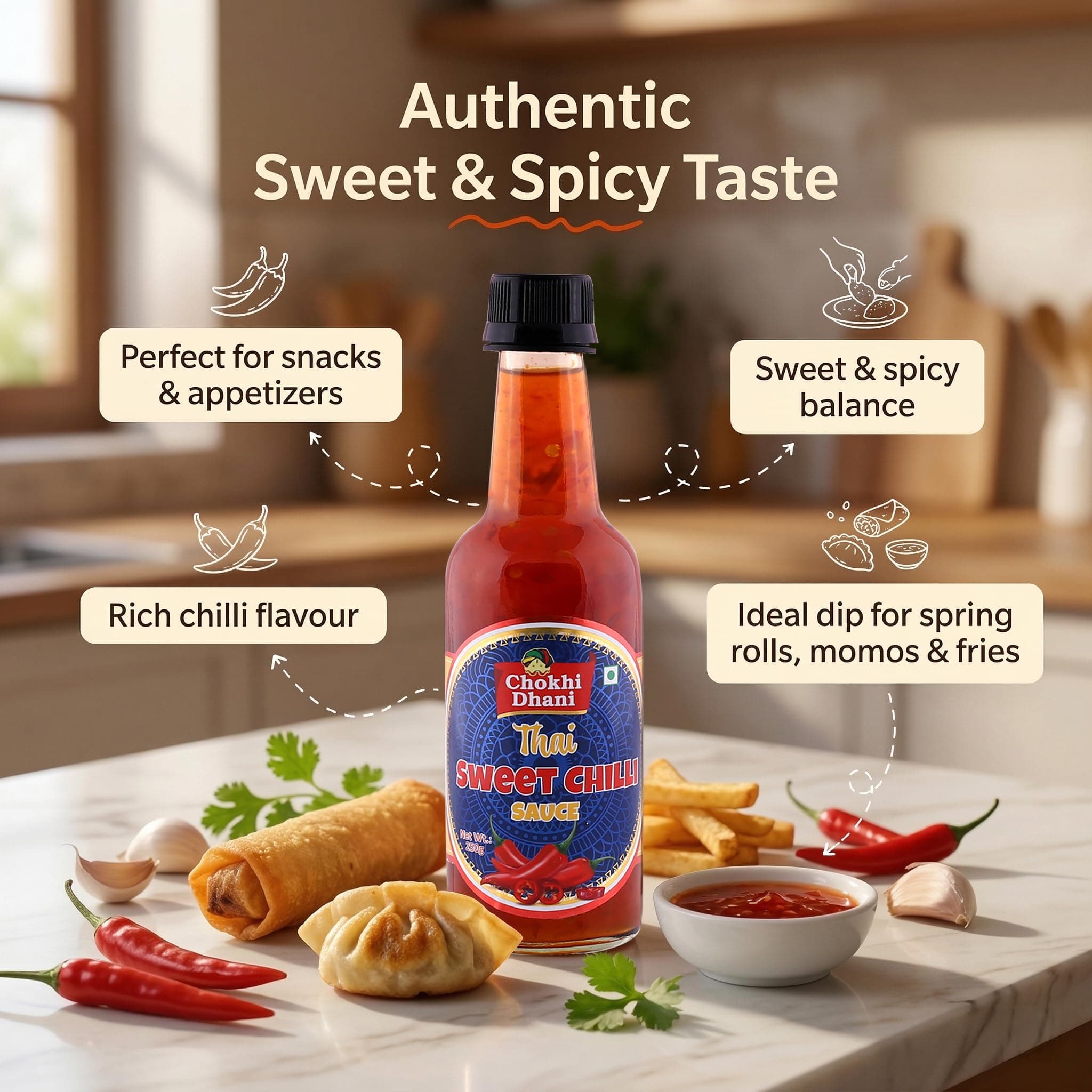 Chokhi Dhani Thai Sweet Chilli Sauce 250g | Sweet & Spicy Dipping Sauce | Perfect for Momos, Spring Rolls, Fries, Noodles & Burgers | Asian Sauce Dimsums, Sushi, Wraps & Rolls, Thai Rice Bowls, Bao Buns, Fried Rice | Sweet Chilli Dip — image 3