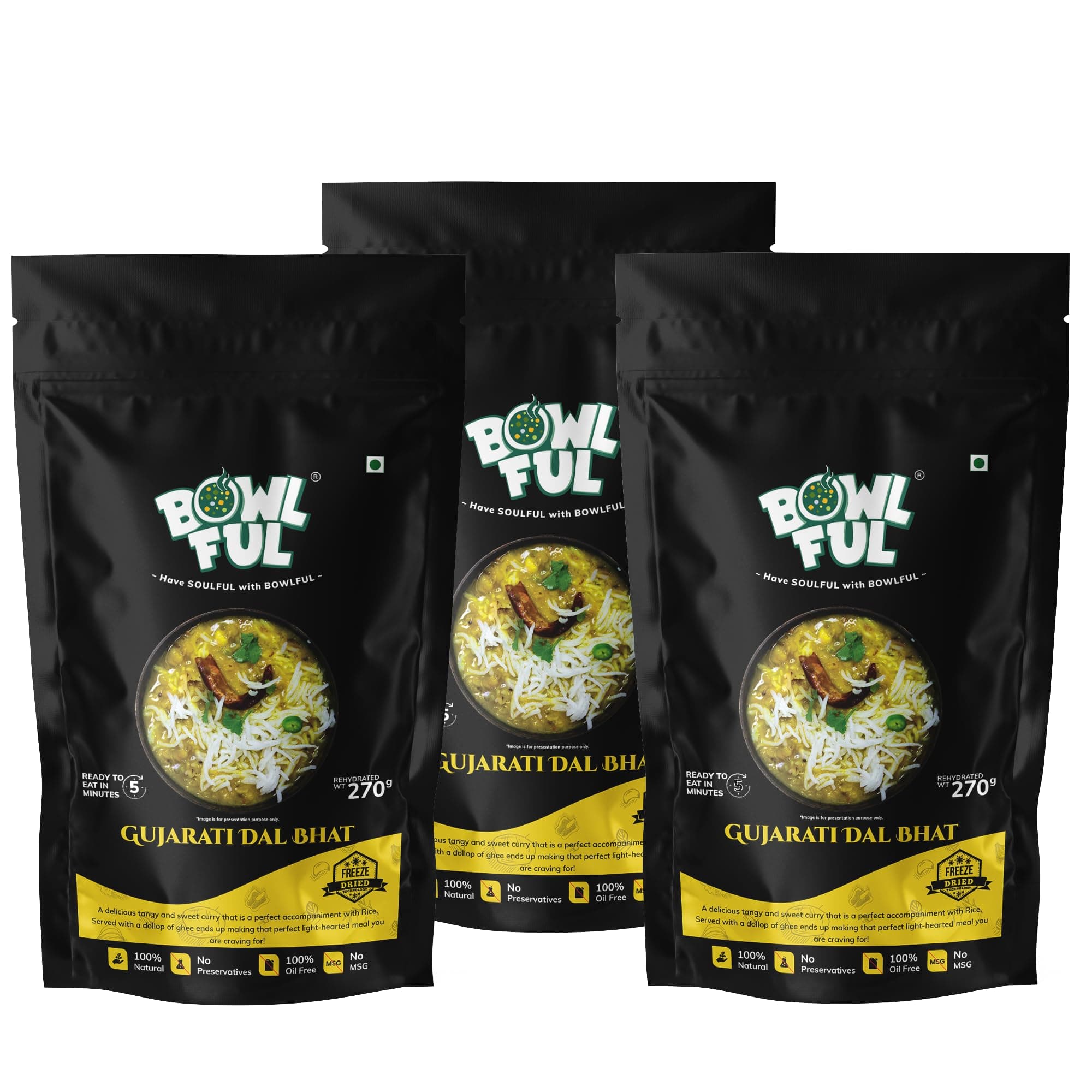 BowlFul Gujarati Dal Bhat, 70 GMS, Sweet Dal Preparation with Basmati Rice and No Onion or Garlic. 100% Natural, Freeze Dried Food — image 2