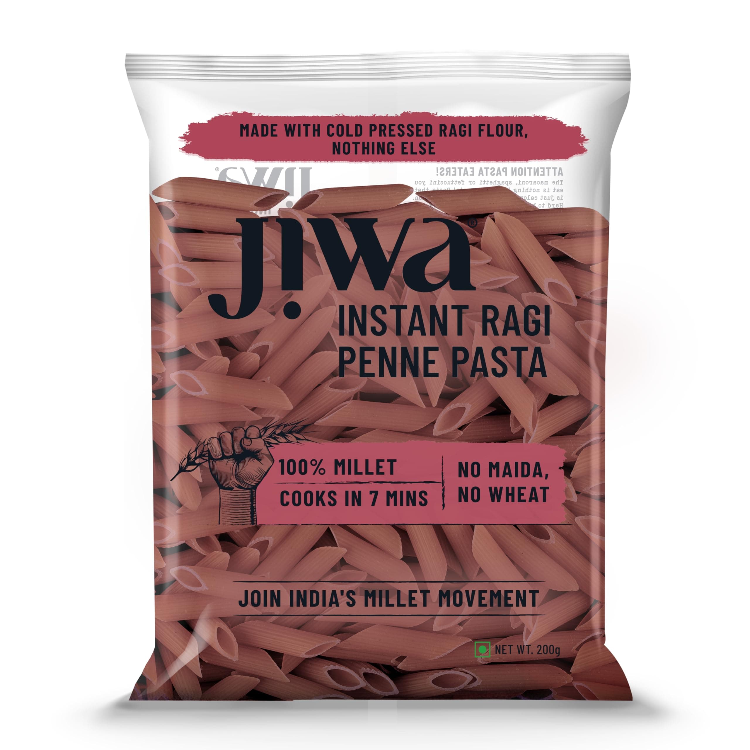 Jiwa Instant Ragi Penne Pasta | 200 G | Cooks in 7 minutes | Ready to Cook | 100% Millet | No Maida, No Atta | Gluten Free