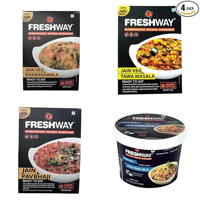 Freshway Ready to Eat Jain Combo Pack Fried Rice, Tawa Masala, Veg Makhanwala & Pav Bhaji | 100% Vegetarian | No Onion No Garlic | Instant Heat and Eat Indian Meal | Healthy, Convenient & Travel Friendly