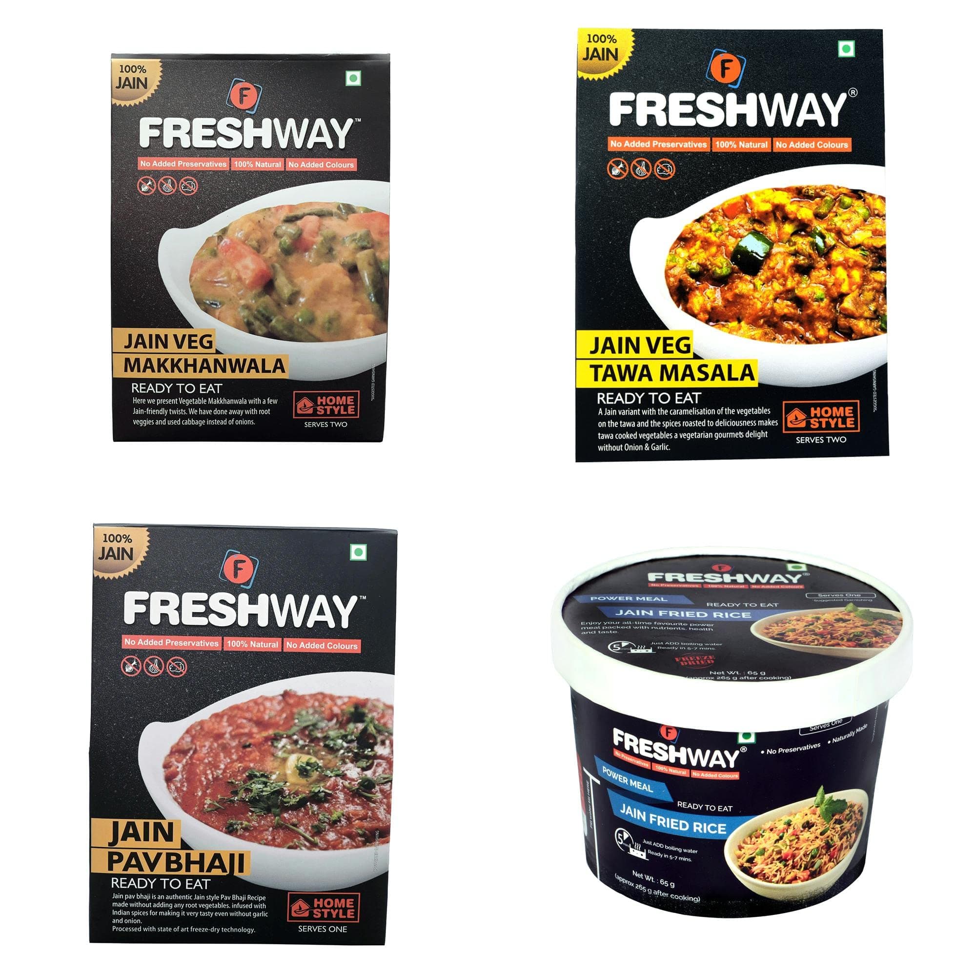 Freshway Ready to Eat Jain Combo Pack Fried Rice, Tawa Masala, Veg Makhanwala & Pav Bhaji | 100% Vegetarian | No Onion No Garlic | Instant Heat and Eat Indian Meal | Healthy, Convenient & Travel Friendly — image 2