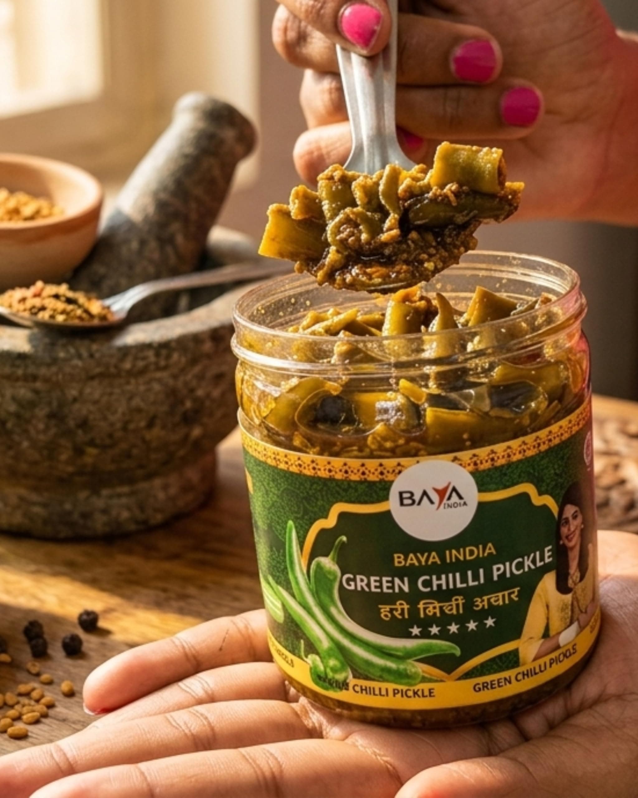 Baya India Homemade Hari Mirchi ka Achar | Green Chilli Pickle | Teekha mast | Spicy & Tangy | No Chemical & No Preservatives | Sun-Dried | No Vinegar | No Garlic & No Onion | 350g Plastic Jar — image 4