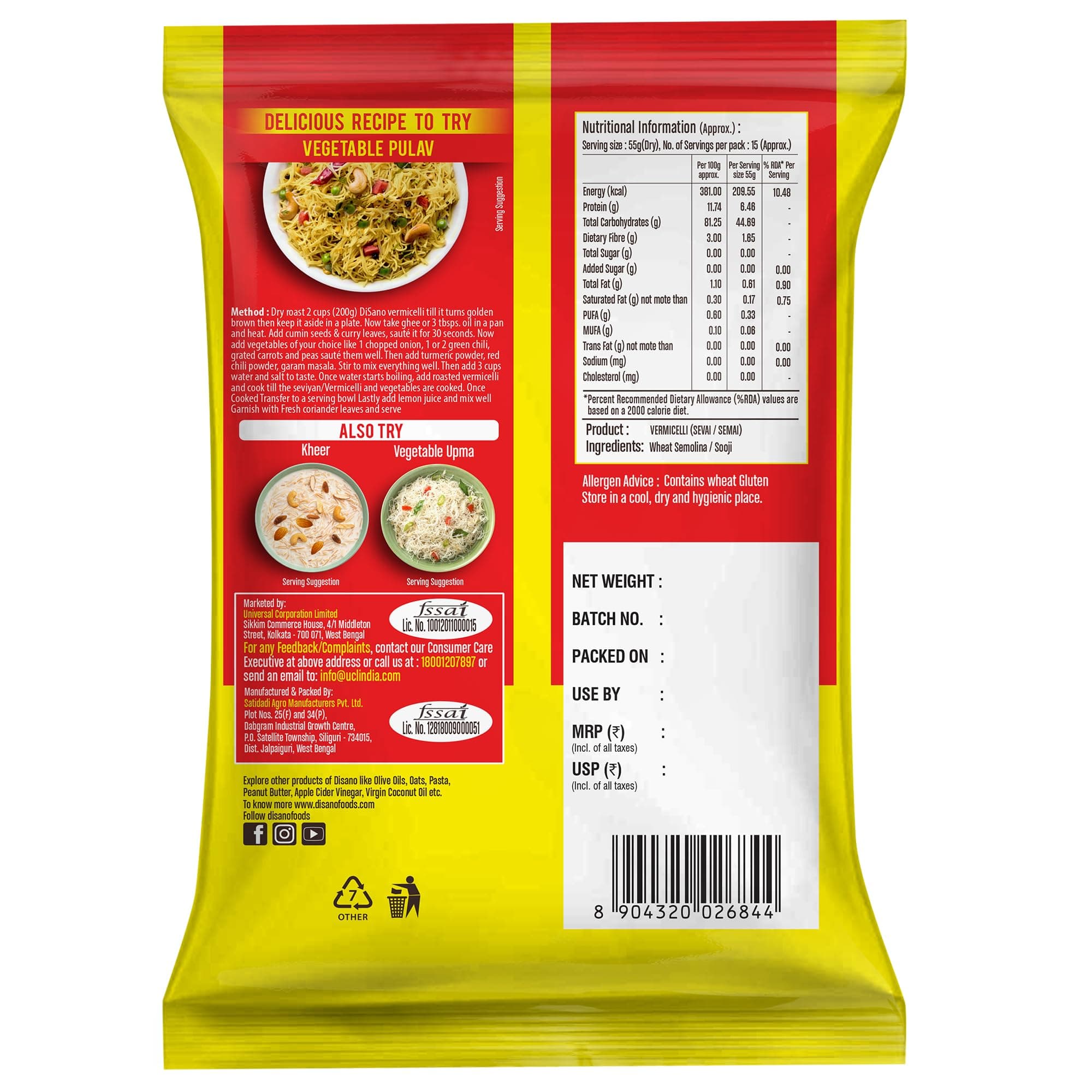 DISANO Wheat Vermicelli,No Maida,850 Gram - Cholesterol Free,unflavored — image 3