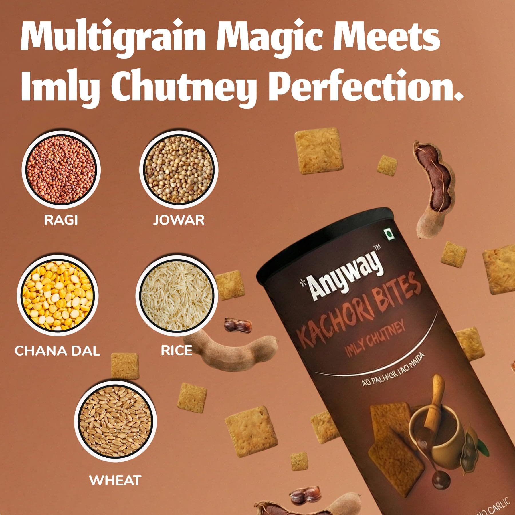 Anyway Kachori Bites Imly Chutney Flavour Anyway Bites | No Maida No Palm Oil | Multigrain Snack | Kota's Bold Street Kachori in a Pack | Sweet Tangy Flavour | No Onion No Garlic | 120g | Anytime Snack (120g - pack of 1, Imly Chutney flavor) — image 3
