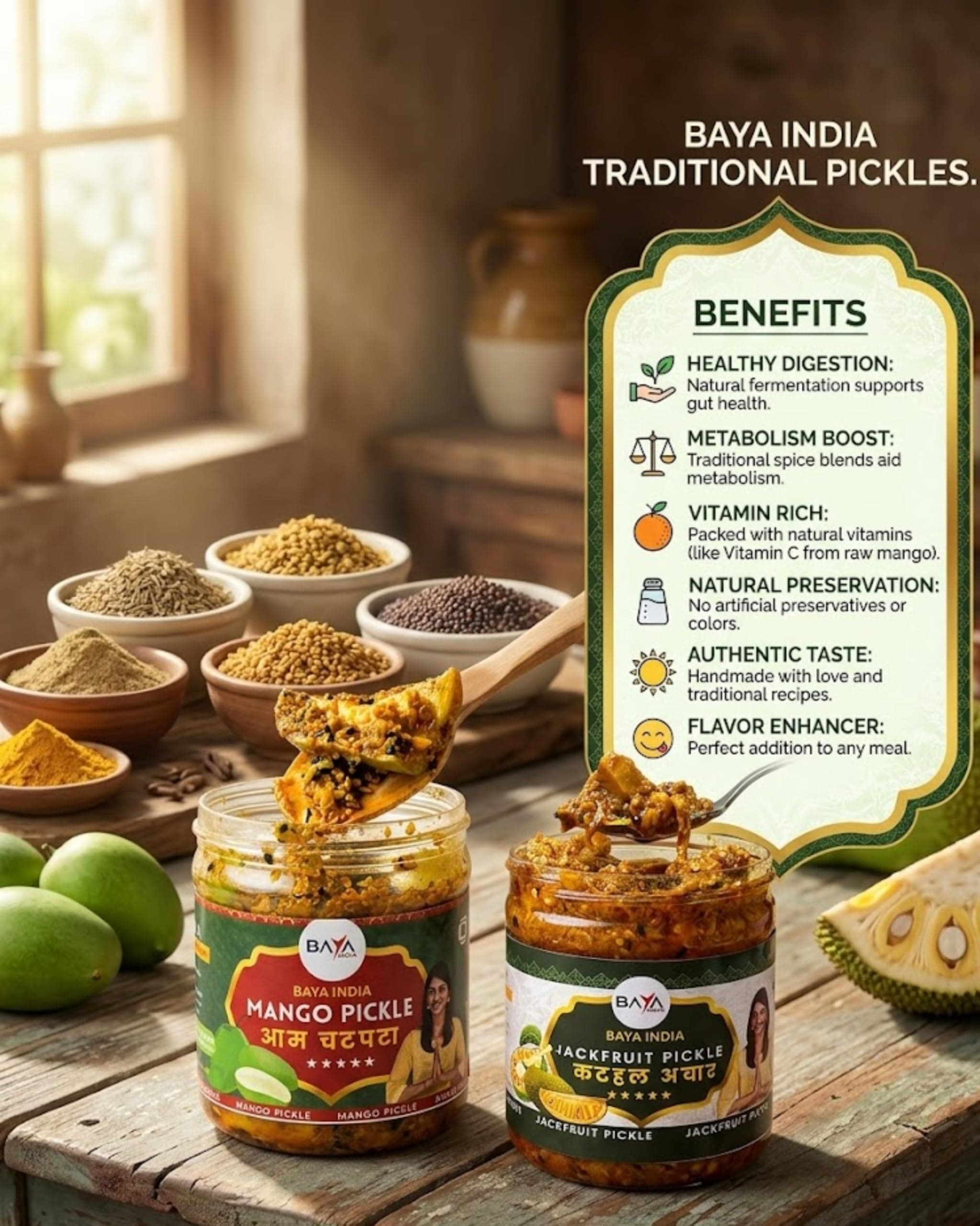 Baya India Mango & Jackfruit Pickle Combo | Homemade Aam aur Kathal ka Achar | Tangy & Flavorful Pickle | Made with Mustard Oil | No Added Preservatives | No Garlic No Onion | 350g each — image 3