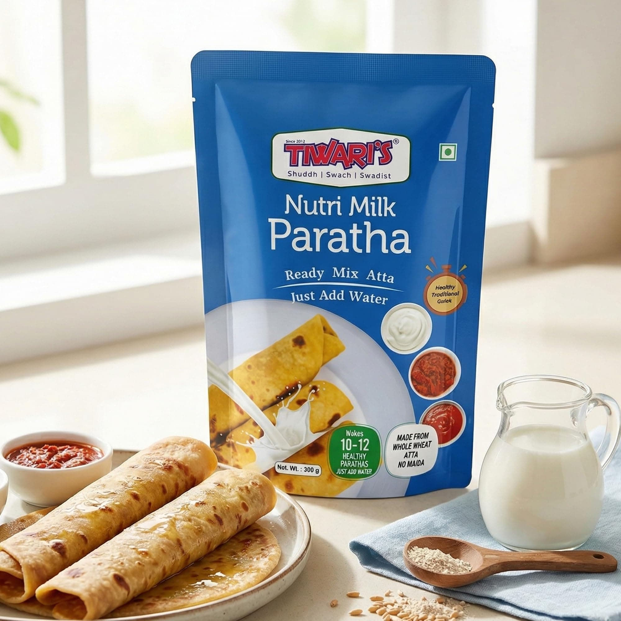 Tiwari’s Nutri Milk Paratha/Poori Ready-To-Use Atta Mix | 100% Vegetarian Instant Healthy High Protein & Fiber Flatbread Mix With No Preservatives, No Onion & Garlic | 300gm, Pack of 1 — image 2