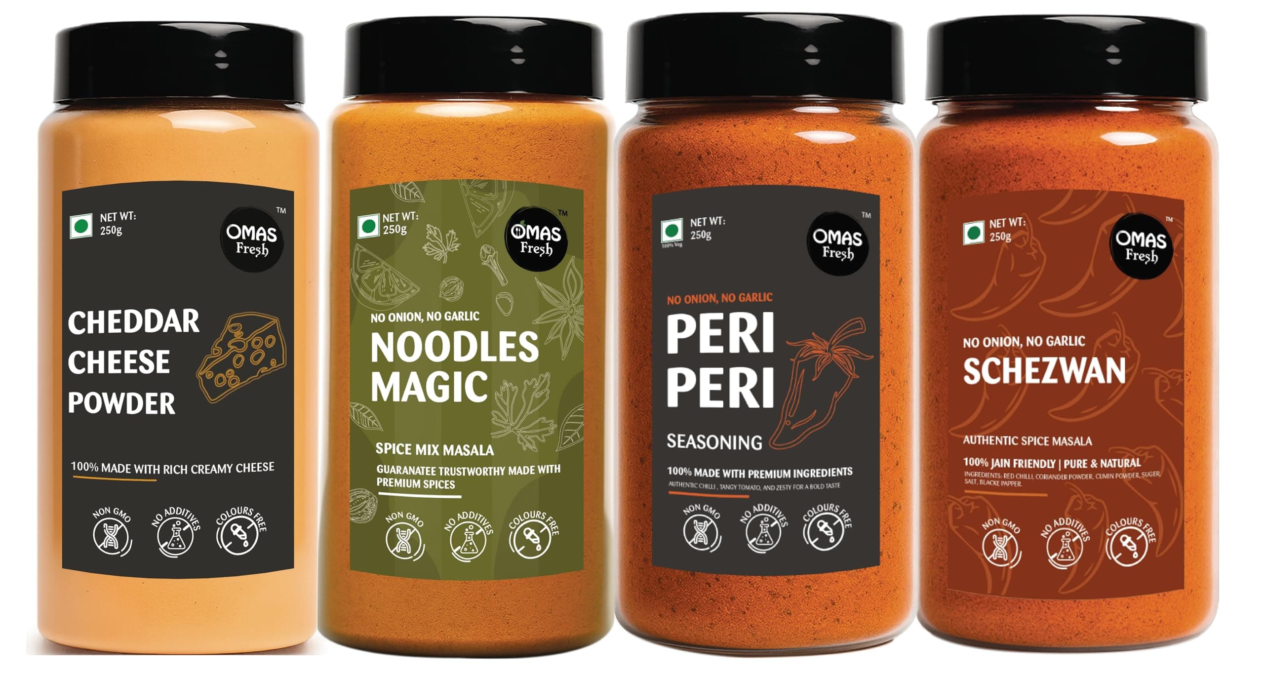Omas Fresh No Onion No Garlic Noodles Magic Masala, Peri Peri, Cheddar Cheese & Schezwan Seasoning | 250g × 4 Combo Pack | Flavourful Seasoning Set for Pasta, Snacks & Daily Cooking — image 2