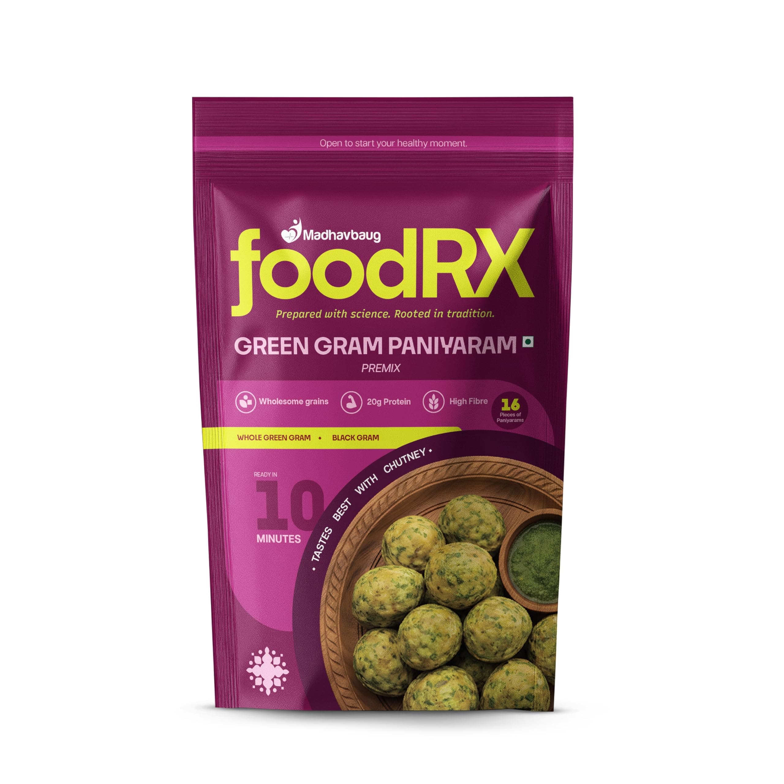 FOODRX Green Gram Paniyaram Mix – Made with Low Glycaemic Green Gram | Rich in Plant Protein & Dietary Fibre | Healthy, Light & Nutritious Ready-to-Cook Snack (Pack of 1, 200gm)