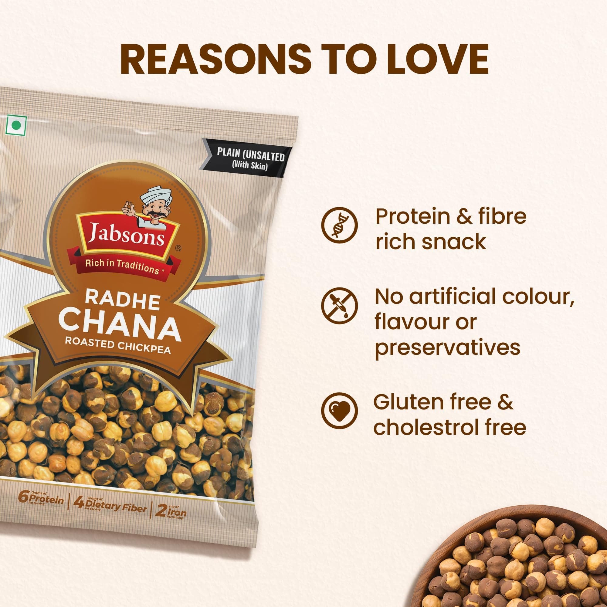 Jabsons Roasted Chana Radhe Plain, 200gm| pack of 9| 100% roasted | No Onion No Garlic | Crunchy Protein Snacks Bhuna Chana Ready to eat Unsalted — image 6