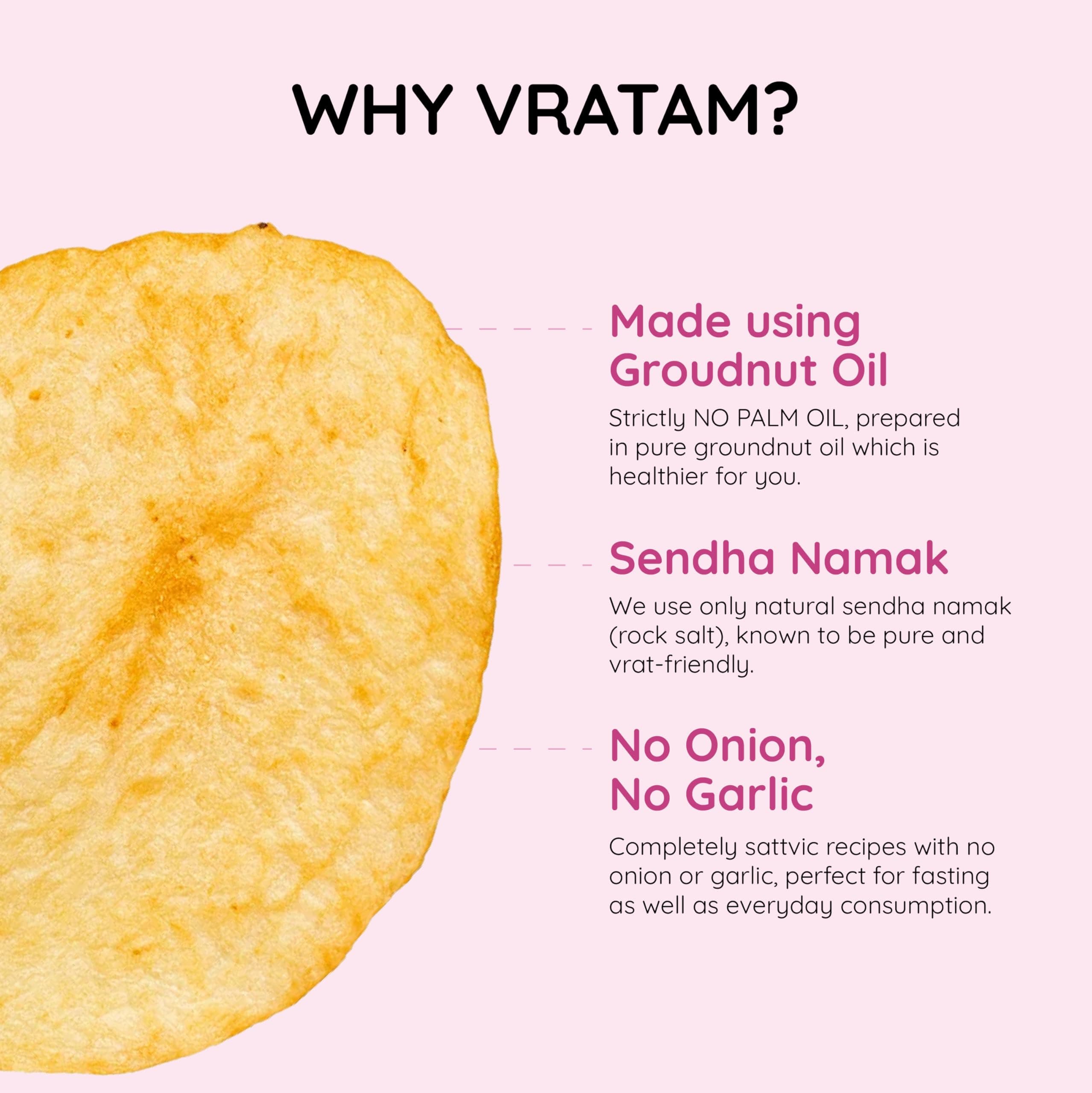 Vratam Potato Wafers | Healthy Namkeen Snacks for Diet | No Onion No Garlic No Palm Oil | Homemade Tasty Potato Chips Made in Groundnut Oil | Sendha Namak Aloo Chips 110G (pack of 1) — image 5