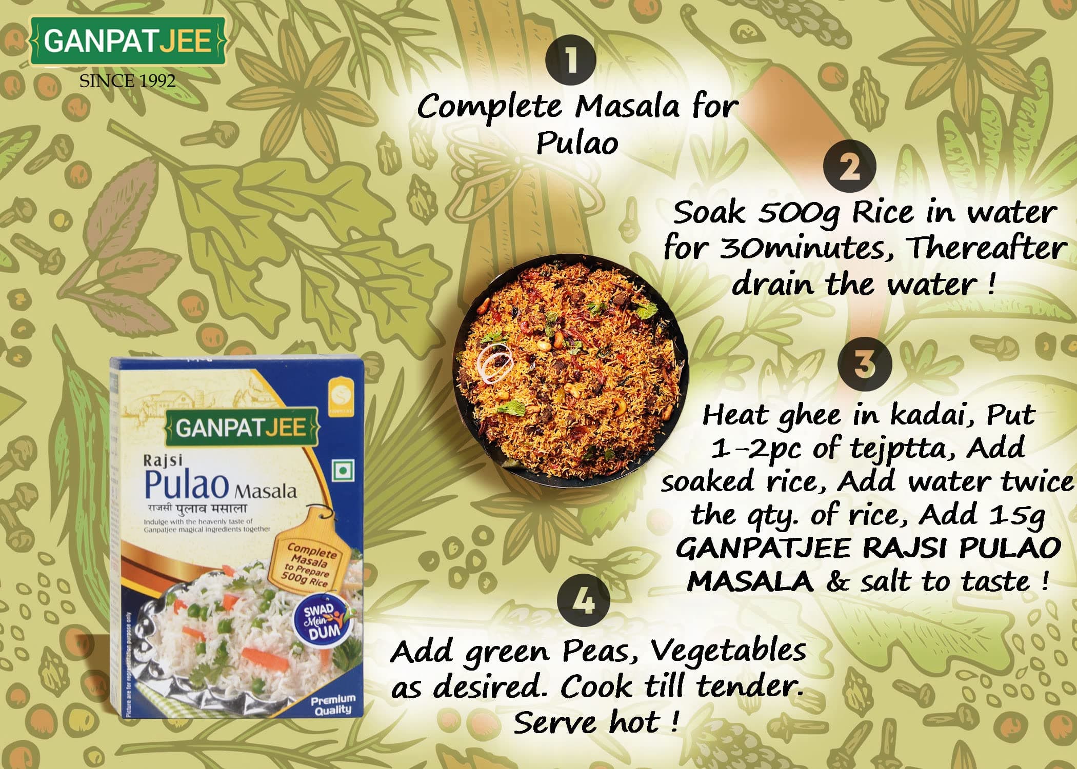 Ganpatjee Pulao Biryani Masala Powder 45G | Pack of 15g x 3| Authentic Taste Ready Mix masala | No Onion No Garlic | No Added Salt — image 6