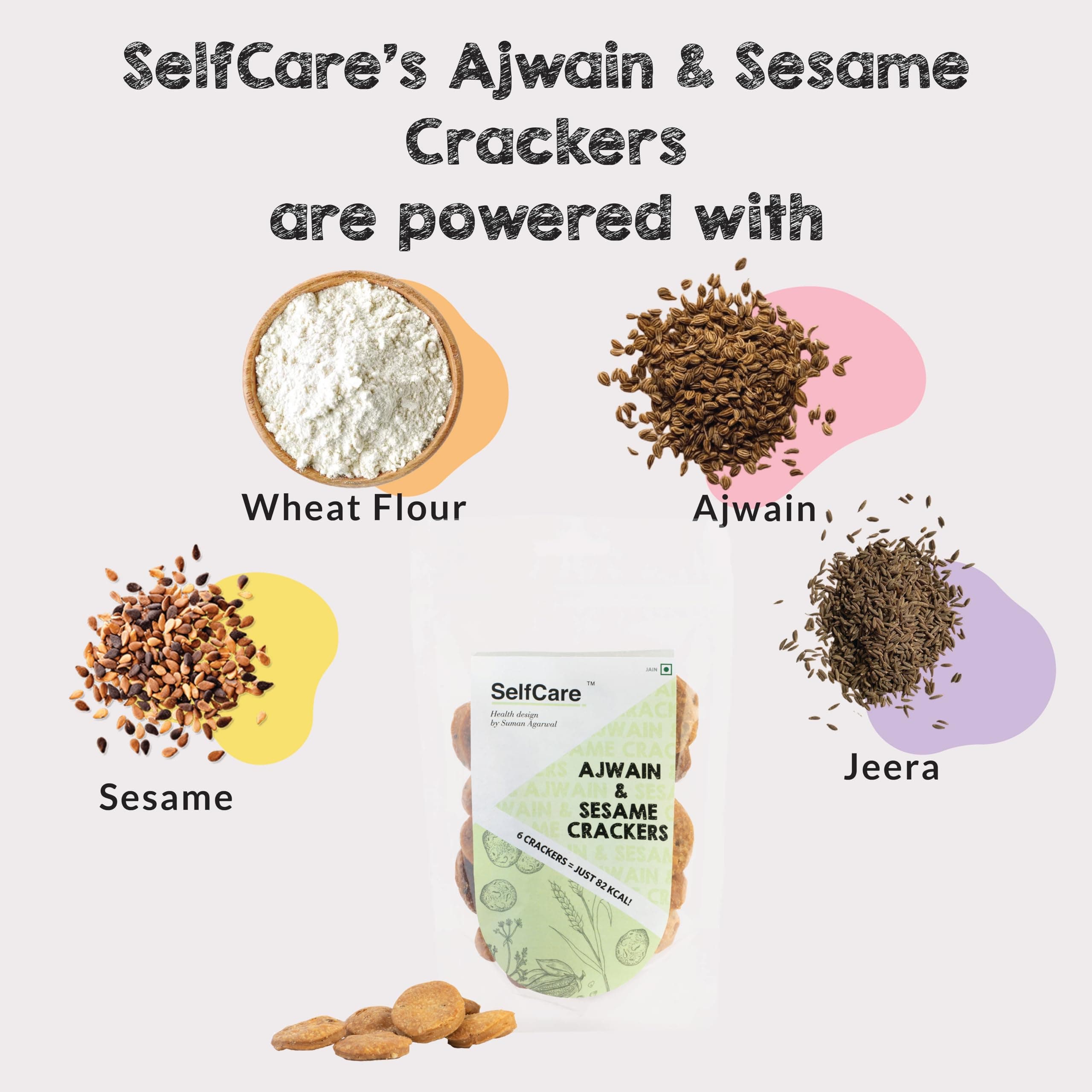 SelfCare By Suman Agarwal Ajwain & Sesame Crackers Pack of 1 125g | Baked - Healthy - Vegan | Snacks - Namkeen - Grocery | Spicy Crunchy & Chatpata - Tea time Snacking | Jain & Travel Friendly — image 2