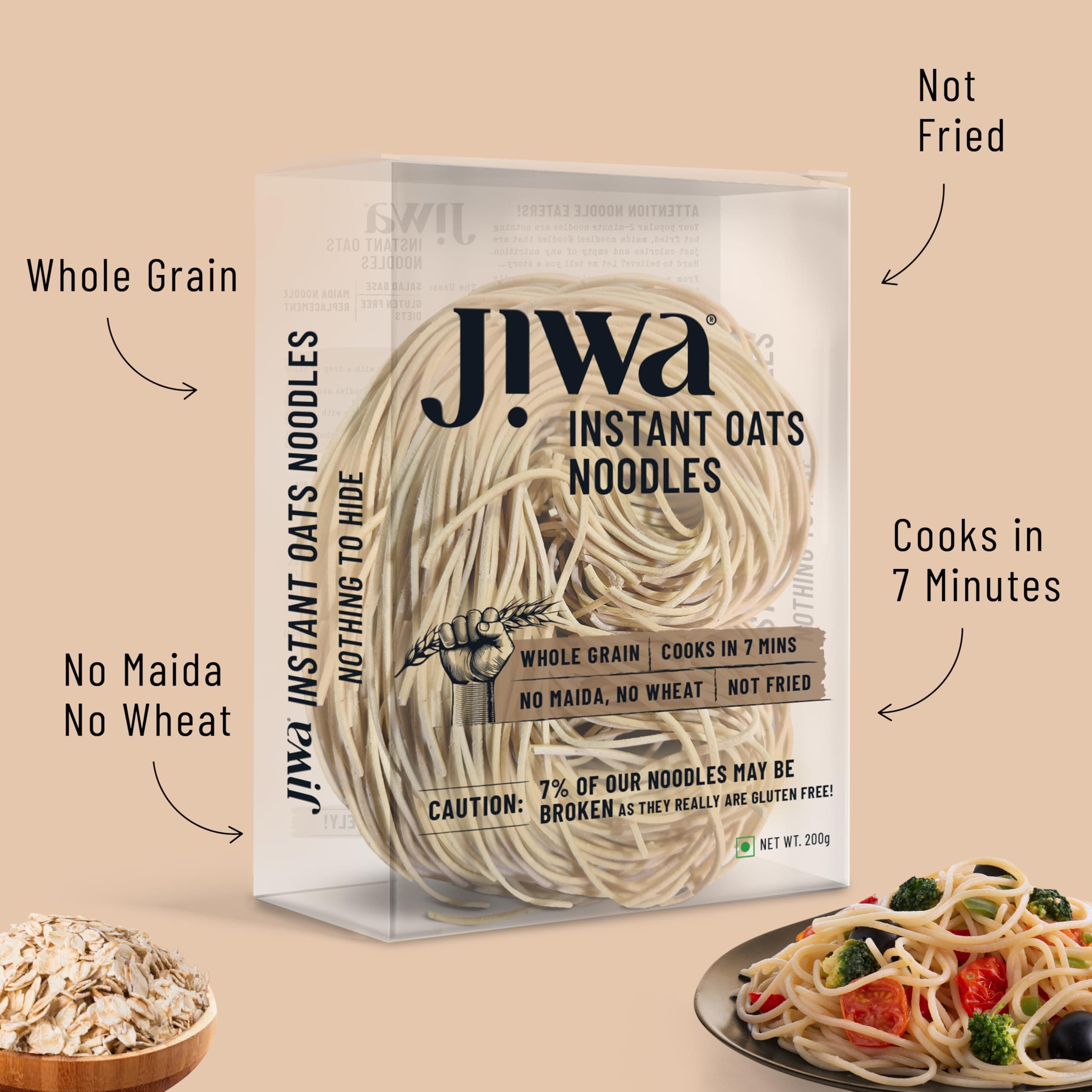 Jiwa Instant Oats Noodles | Cooks in 7 minutes | Ready to Cook | 100% Gluten Free| No Maida, No Atta | Not Fried | Gluten Free | 200 g (Pack of 2) — image 4