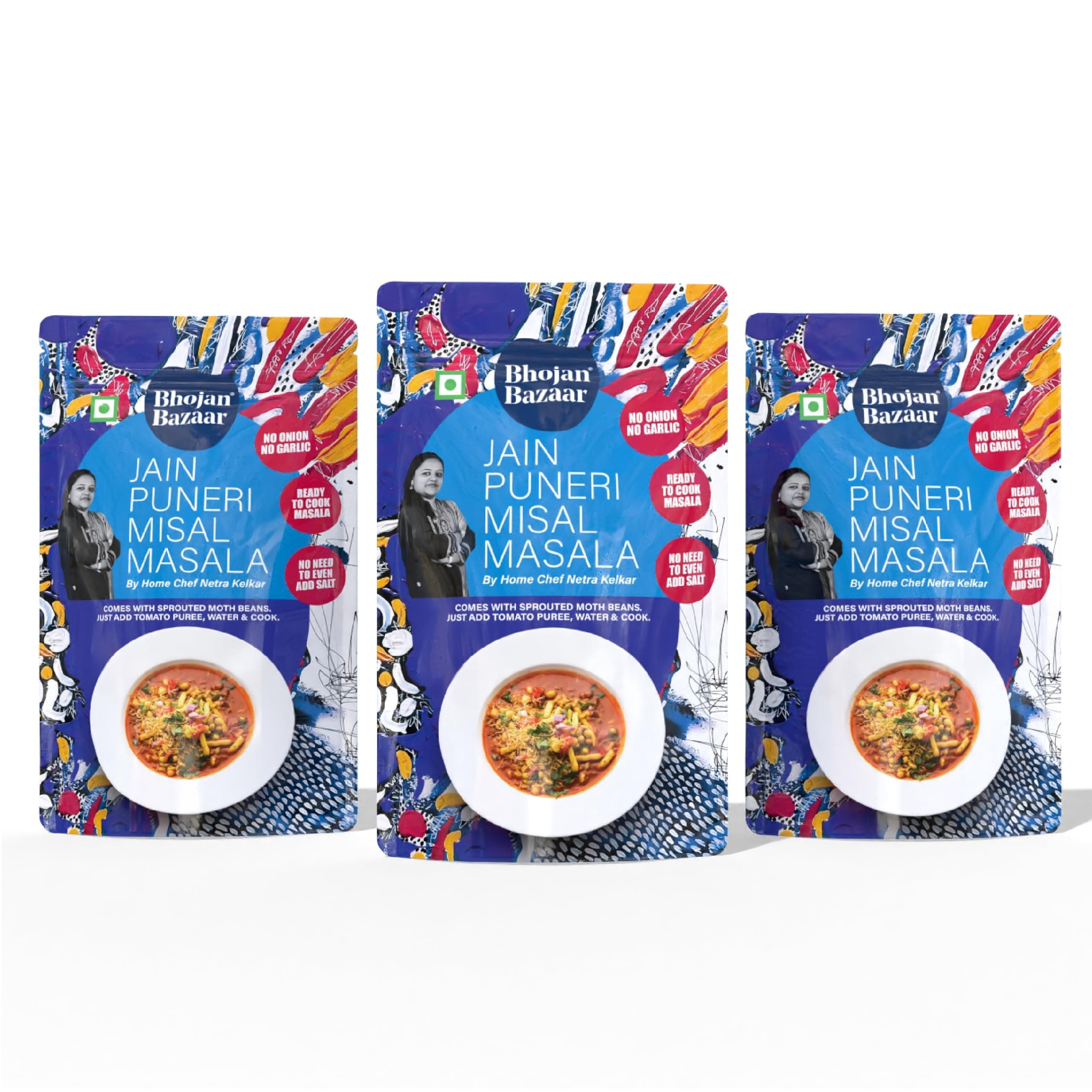 Bhojan Bazaar Jain Puneri Misal Masala - Pack of 3, 70 g Each | No Onion No Garlic Ready To Cook in 10 min | Serves 4 | Authentic Puneri Taste Jain Masala with Sprouted Moth Beans | No Added Preservatives — image 2
