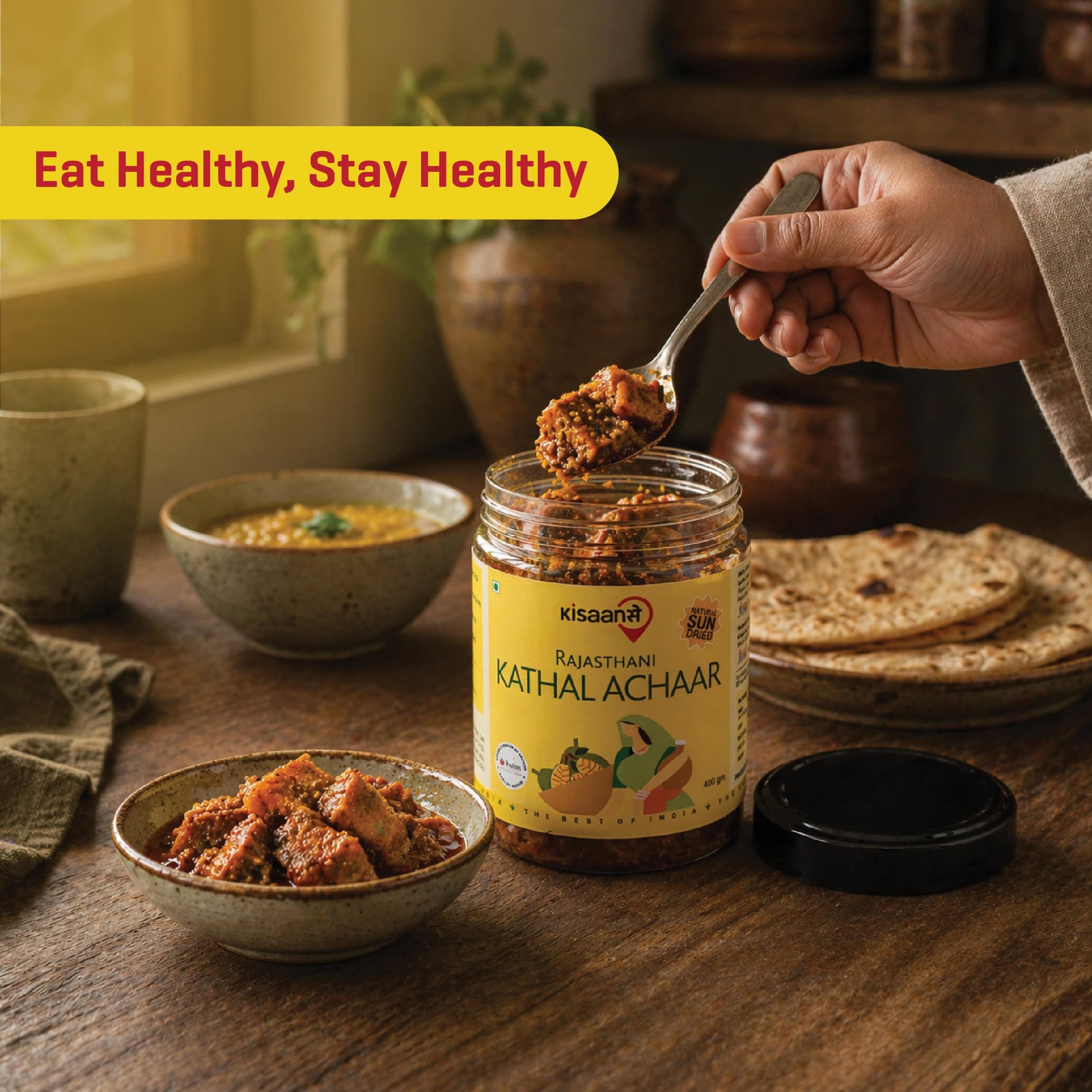 KisaanSay Jackfruit Pickle| Katahal ka Achar | Kathal achaar | 400 GM | Traditional Spicy & Tangy | No Preservatives, No Vinegar | Made in Pure Mustard Oil | Sun-Dried | Homemade Taste | Plastic Jar | No Onion & No Garlic | hodale | palapazham | chakka | kanthal | — image 8