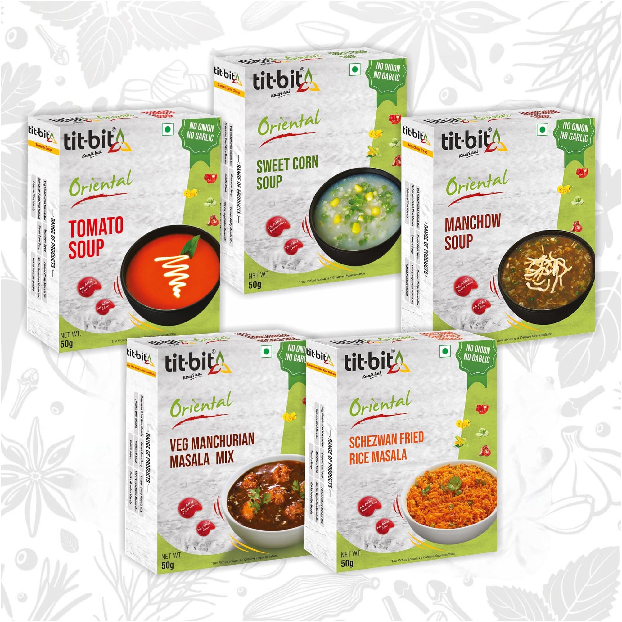 Tit-Bit Oriental - Chinese Masala Combo - NONG - Ready to eat - Hakka Noodles, Schezwan Fried Rice, Sweet Corn Soup, Manchow Soup & Manchurian Mix - (50 gms each) — image 2