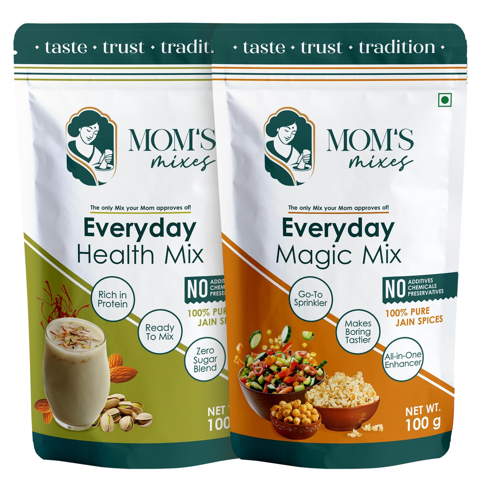 Mom’s Mixes Everyday Combo | Pure Jain Spices | No Onion,No Garlic | No Chemical,No preservatives | Everyday Magic Mix (All-in-One Seasoning) + Everyday Health Mix (Protein-Rich, No Sugar Blend) | Healthy Blend |100 gm Each