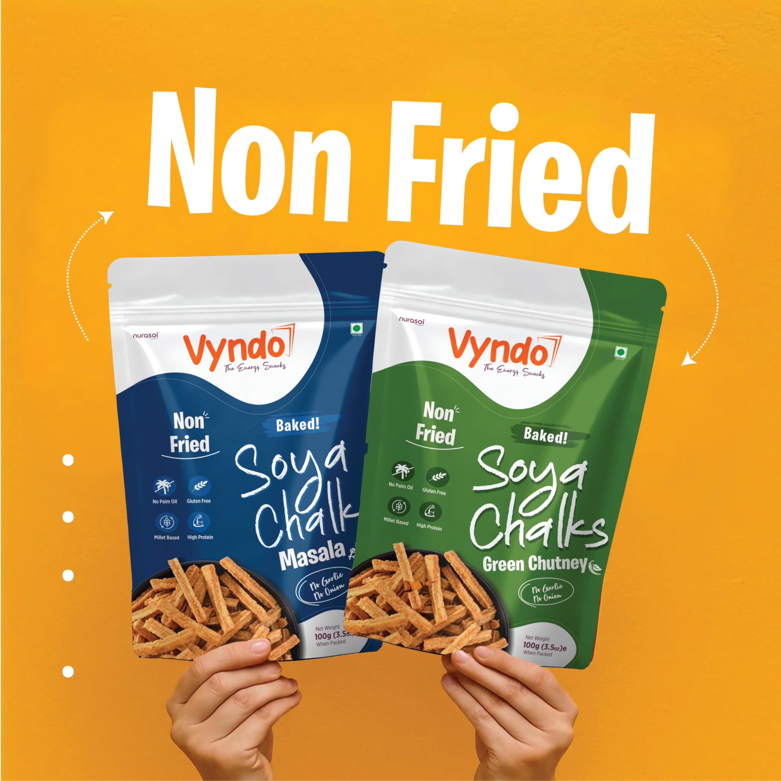 Vyndo No Garlic, No Onion Soya Chalks (Soya Sticks) Combo – 4 x 100g (Masala Pack 2 + Green Chutney Pack 2) | Millet-Based, Gluten-Free Healthy Energy Snacks for Kids & Adults. — image 5