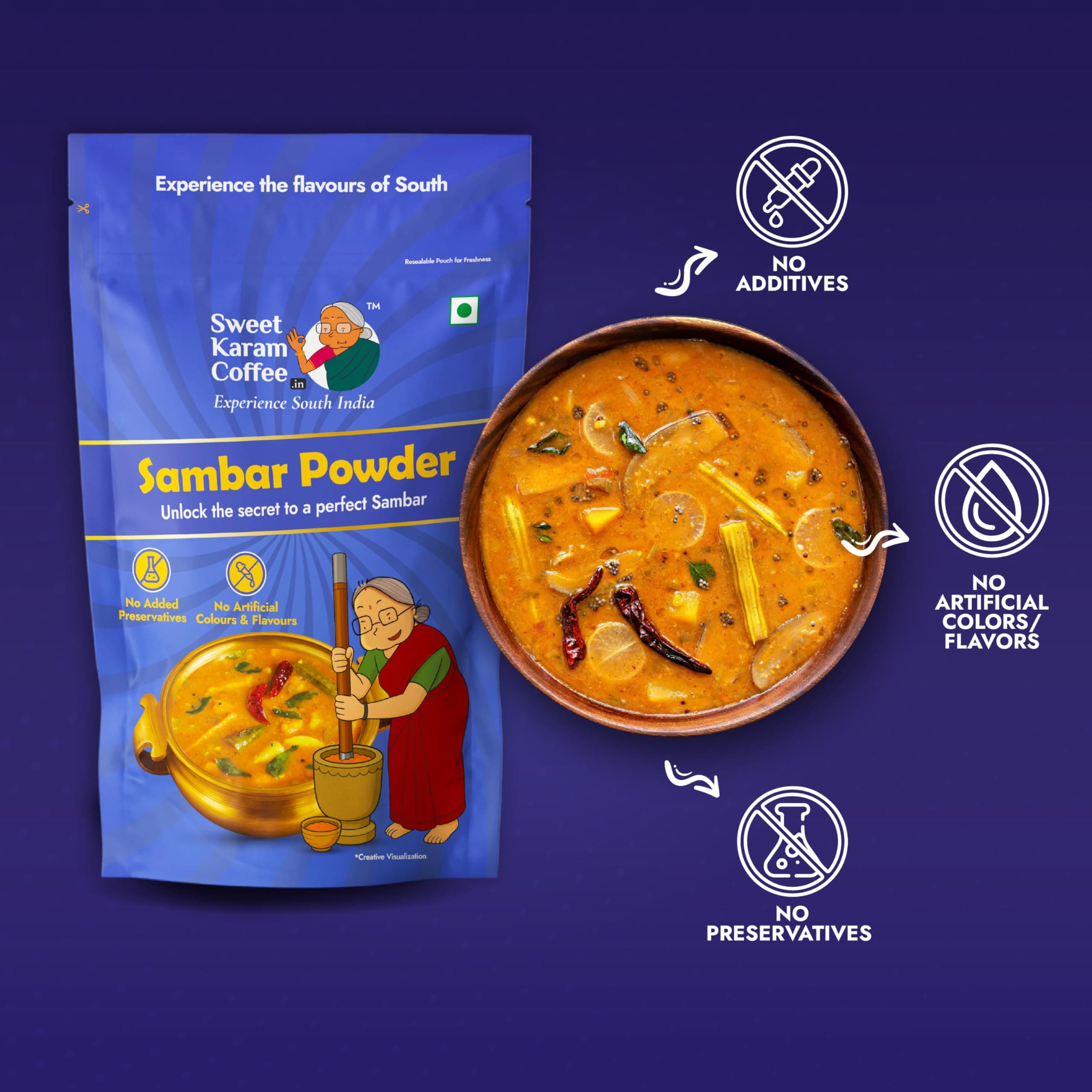 Sweet Karam Coffee Sambar Powder (Podi) – 180 grams | No Onion or Garlic | Authentic Homemade South Indian Masala | 100% Natural & Organic Ingredients | Aromatic, Healthy & Flavorful Spice Blend — image 6