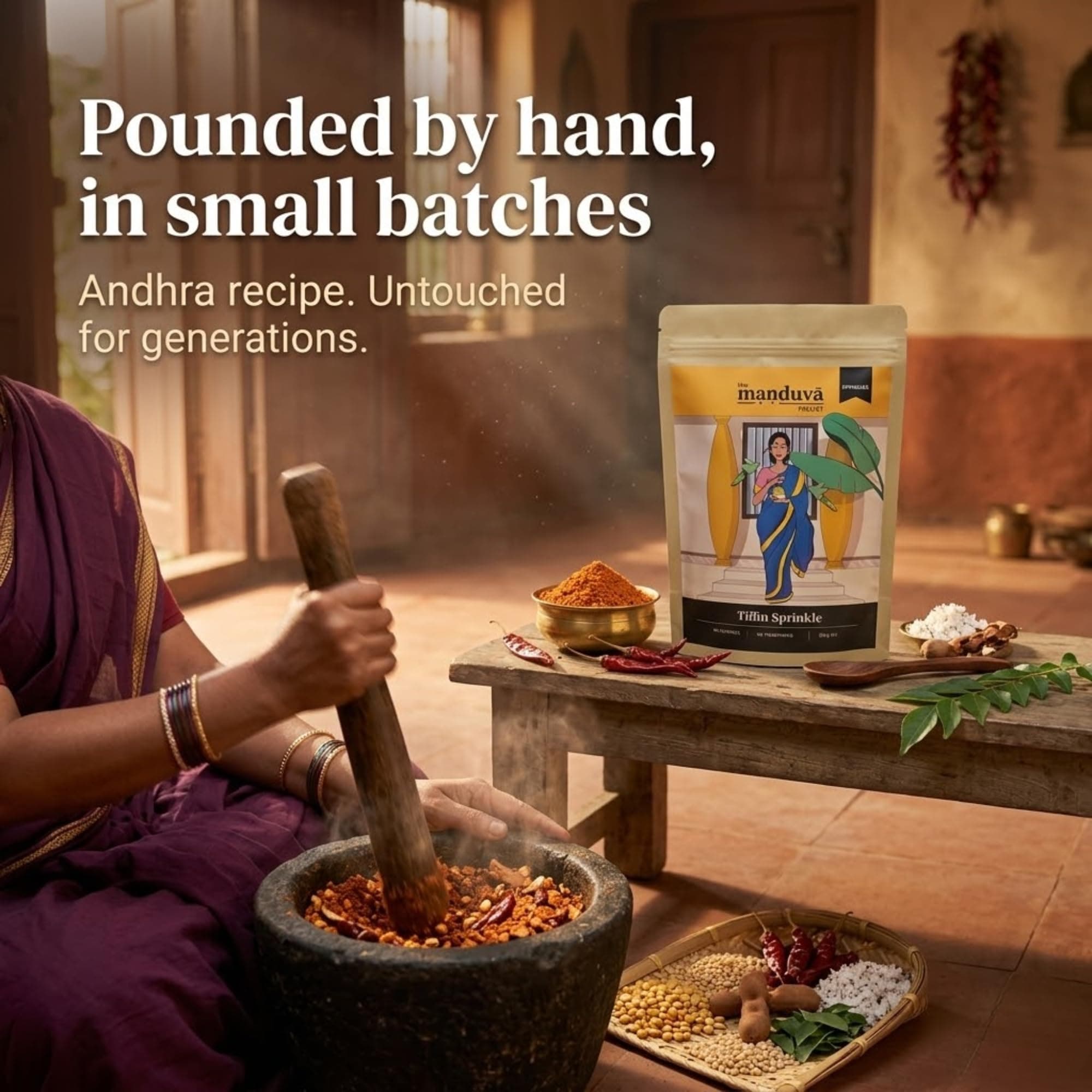 The Manduva Project Tiffin Sprinkle Podi 200g | Jain No Garlic No Onion | Andhra-Style Idli Karam | Roasted Lentils, Coconut & Tamarind | Hand-Pounded Traditional Sprinkle | No Preservatives — image 5