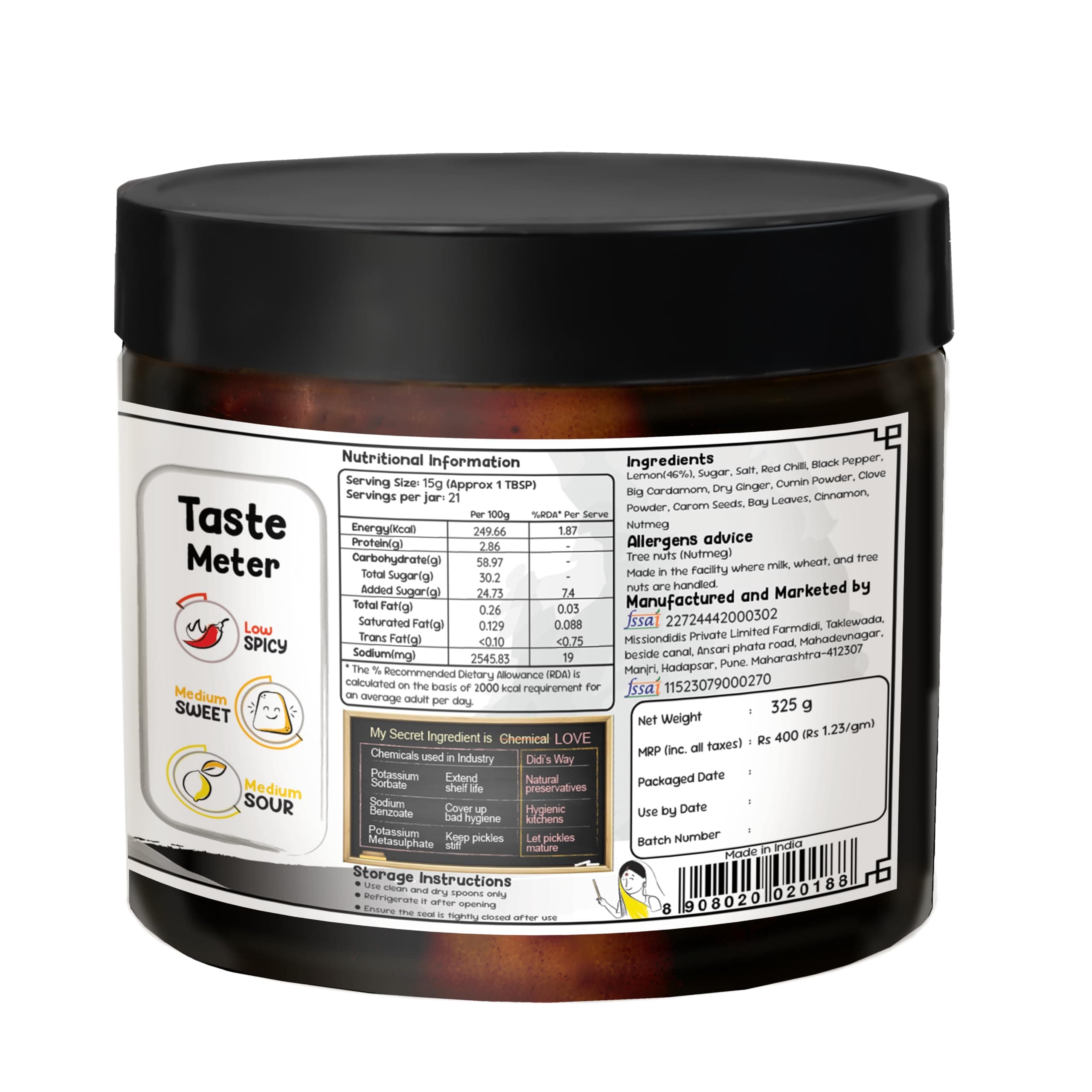 FarmDidi Lemon Pickle 325g in Fresh | Indian Homemade Nimbu ka Achar with No Onion & Garlic | Sweet & Sour Oil-Free Pickle | Traditional Grandma-Style Recipe | Organically Processed — image 2