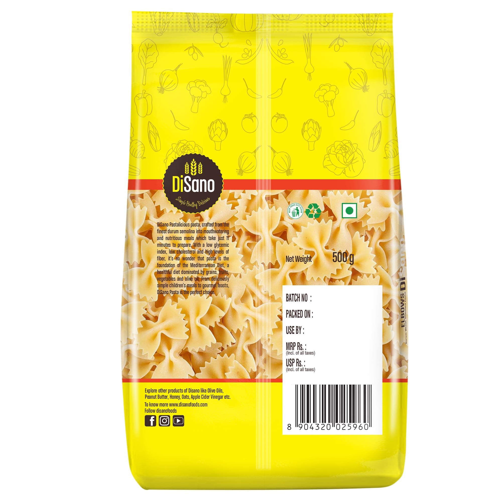 DiSano Farfalle Pasta 500g, Healthy Pasta, Made with 100% Durum Wheat Semolina, 100% Suji, No Maida, Source of Protein & Fibre, Non-Sticky — image 8