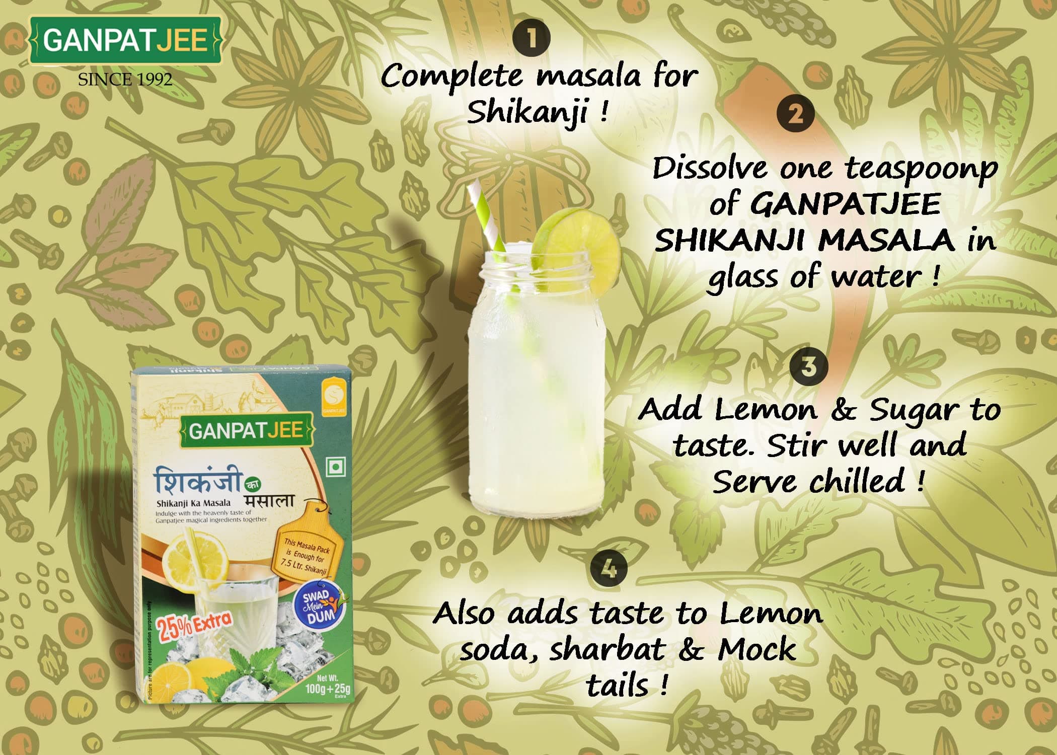 Ganpatjee Fresh Nimbu Lemon Shikanji Masala Powder Great Taste & Refreshing,250G | PACK OF 125G x 2 | — image 4